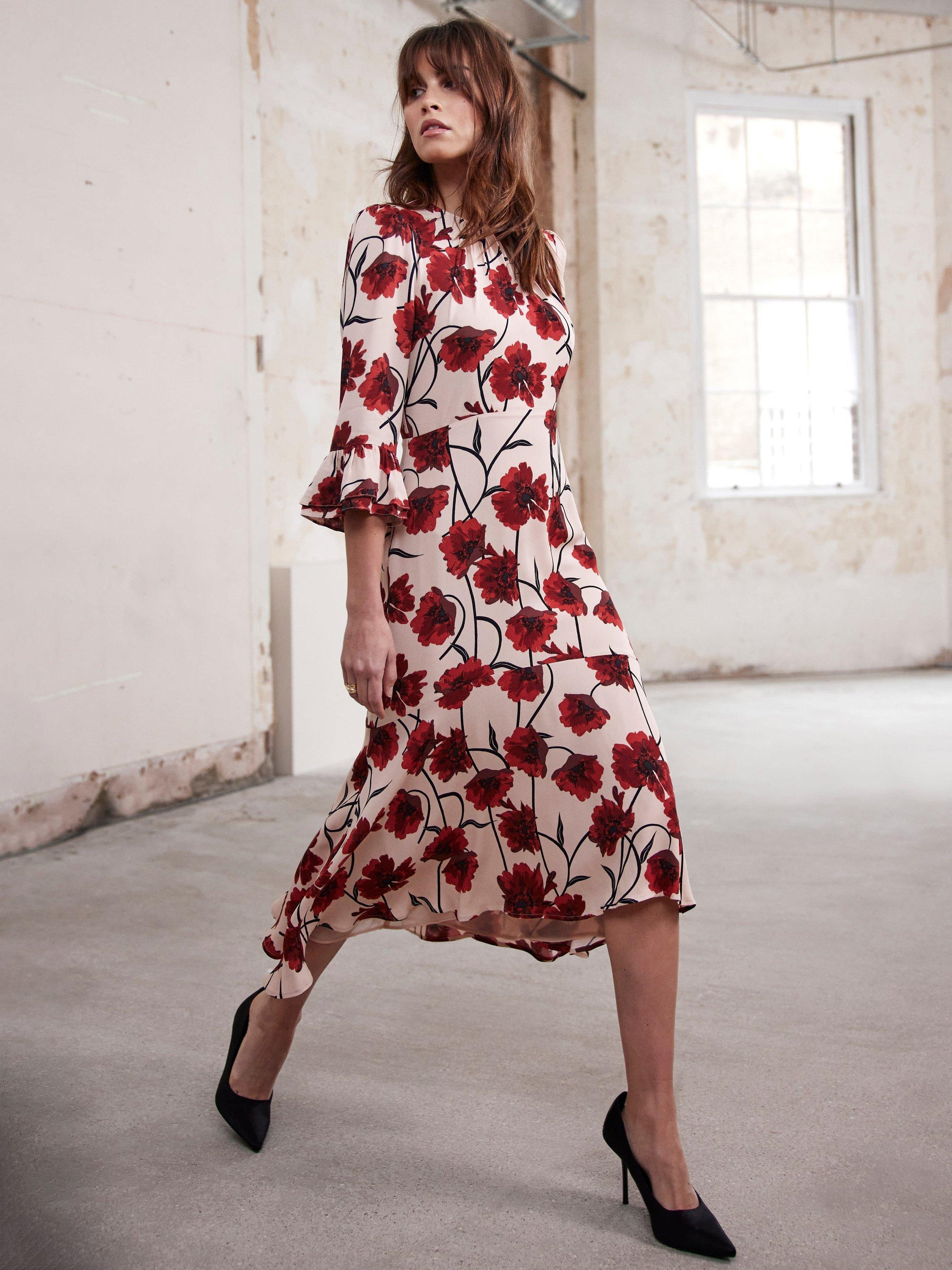 Product image 1 of 8, which shows Mint Velvet Floral Ruffle Hem Midi Dress, Natural Taupe, 6