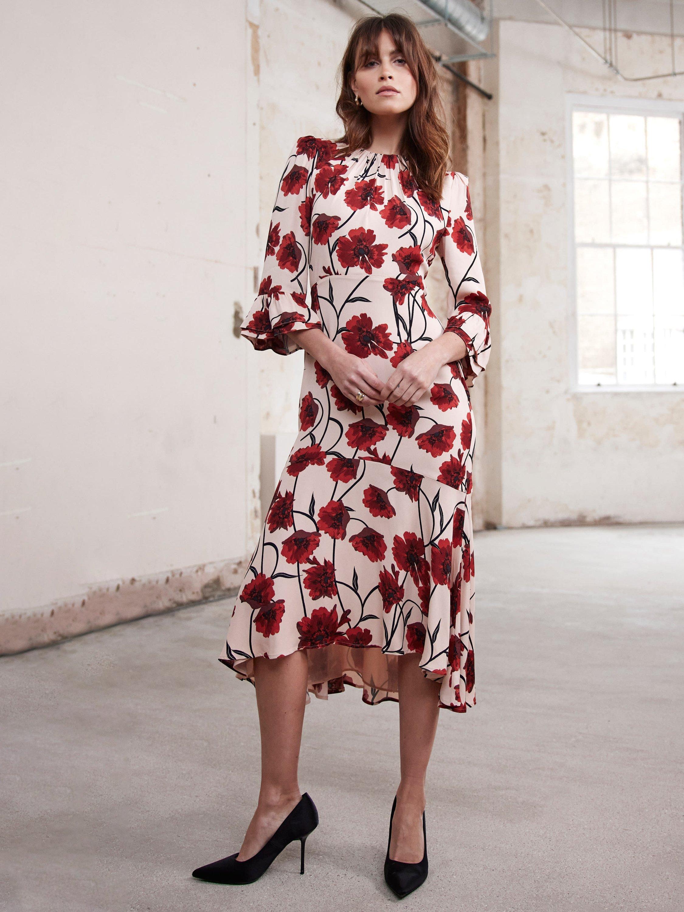 Product image 3 of 8, which shows Mint Velvet Floral Ruffle Hem Midi Dress, Natural Taupe, 6