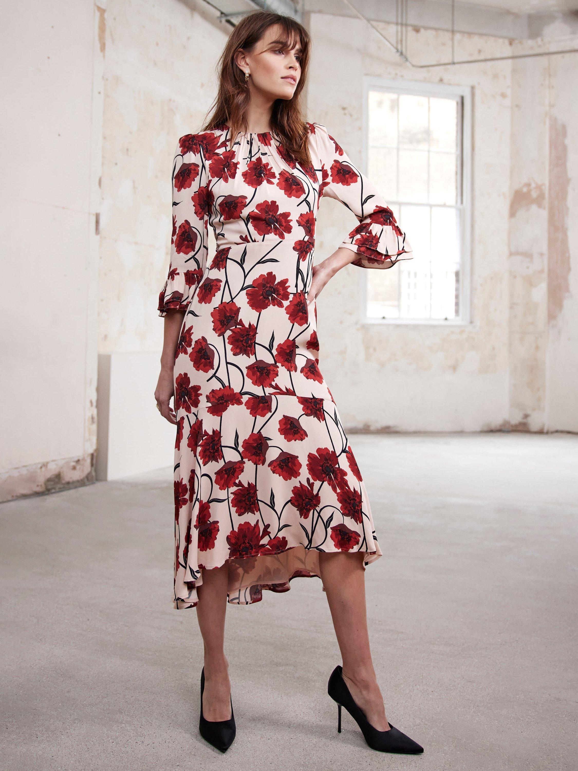 Product image 5 of 8, which shows Mint Velvet Floral Ruffle Hem Midi Dress, Natural Taupe, 6