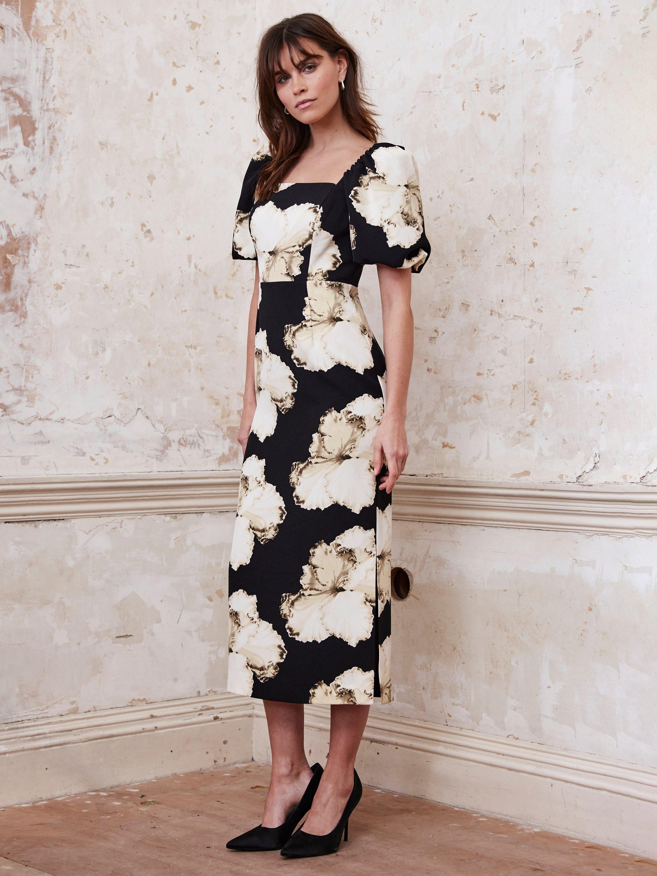Product image 1 of 8, which shows Mint Velvet Floral Square Neck Midi Dress, Black/Multi, 8
