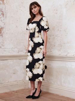 Mint Velvet Floral Square Neck Midi Dress, Black/Multi, Black/Multi