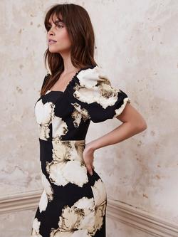 Mint Velvet Floral Square Neck Midi Dress, Black/Multi - view 2, Black/Multi