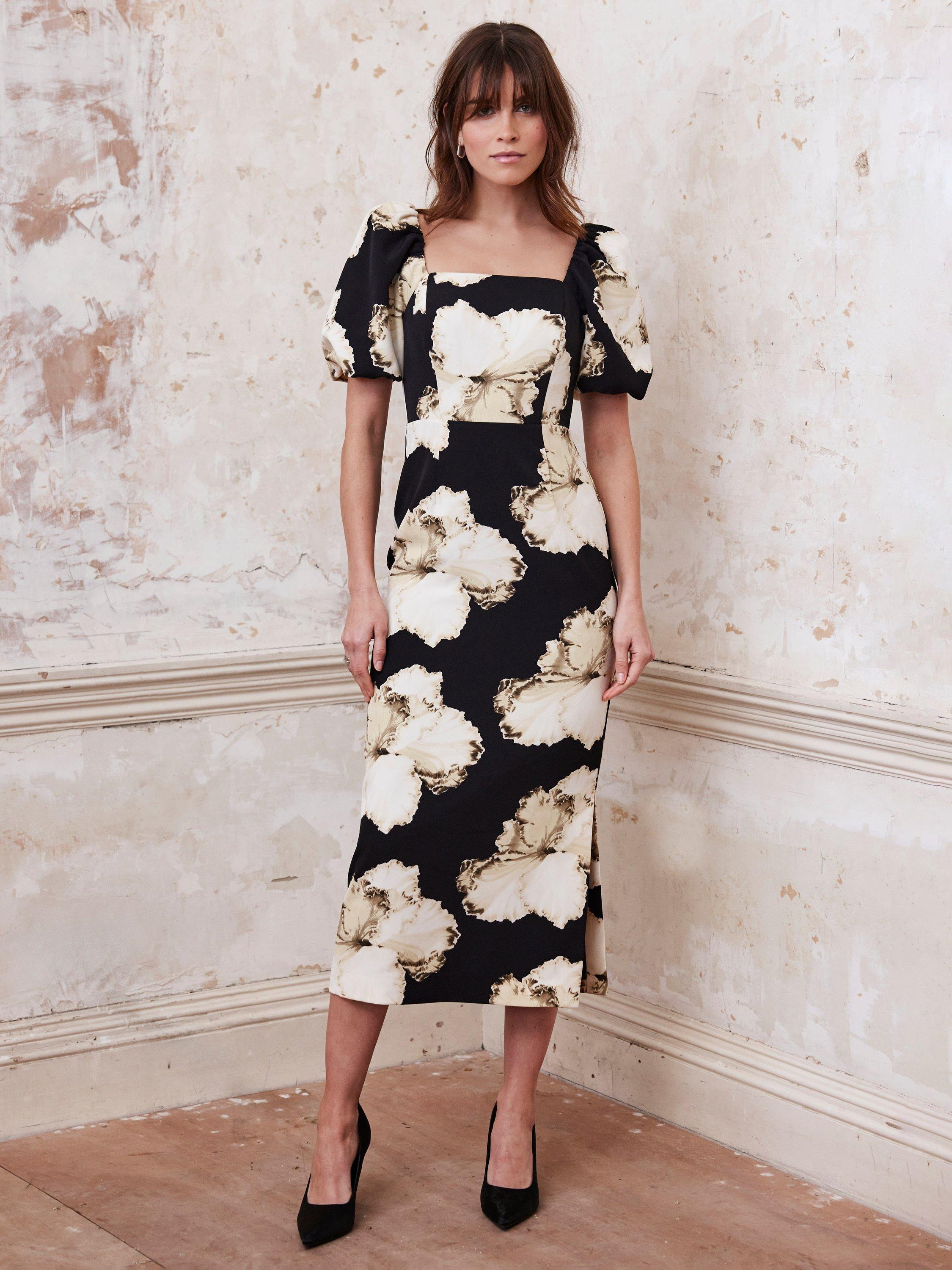 Product image 3 of 8, which shows Mint Velvet Floral Square Neck Midi Dress, Black/Multi, 8
