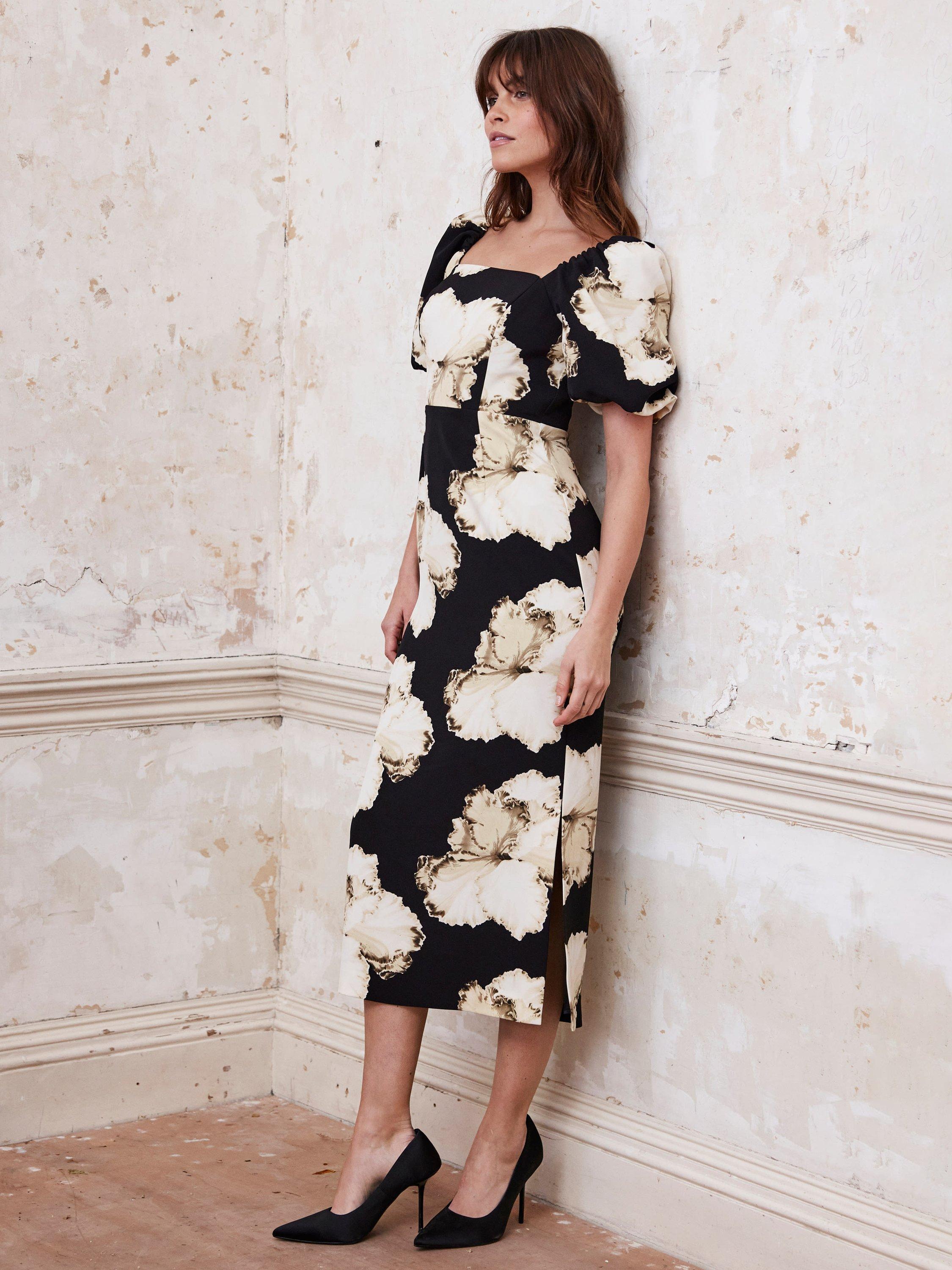 Product image 6 of 8, which shows Mint Velvet Floral Square Neck Midi Dress, Black/Multi, 8