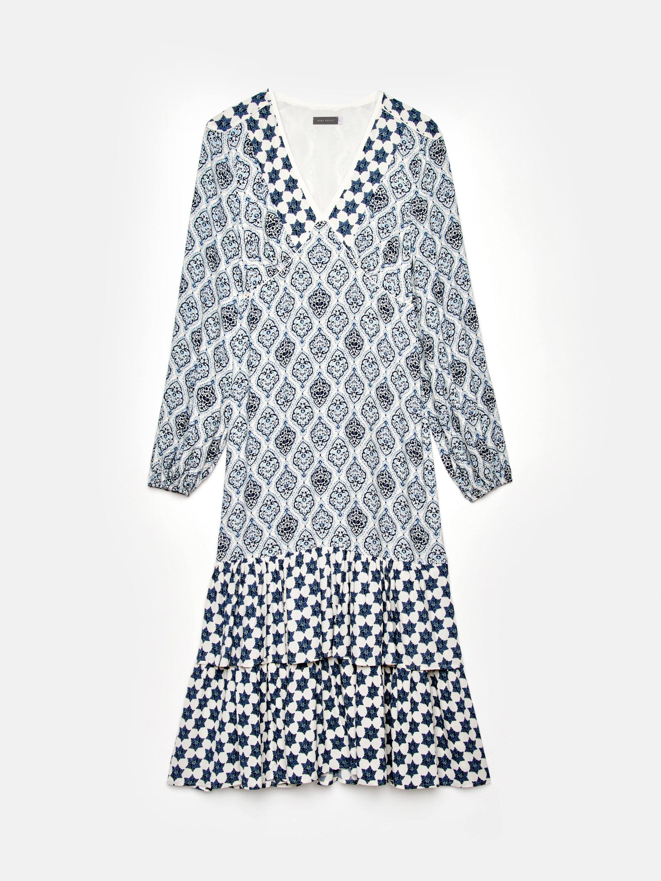Product image 7 of 9, which shows Mint Velvet Geo Mixed Print Midi Dress, Blue/Multi, 6