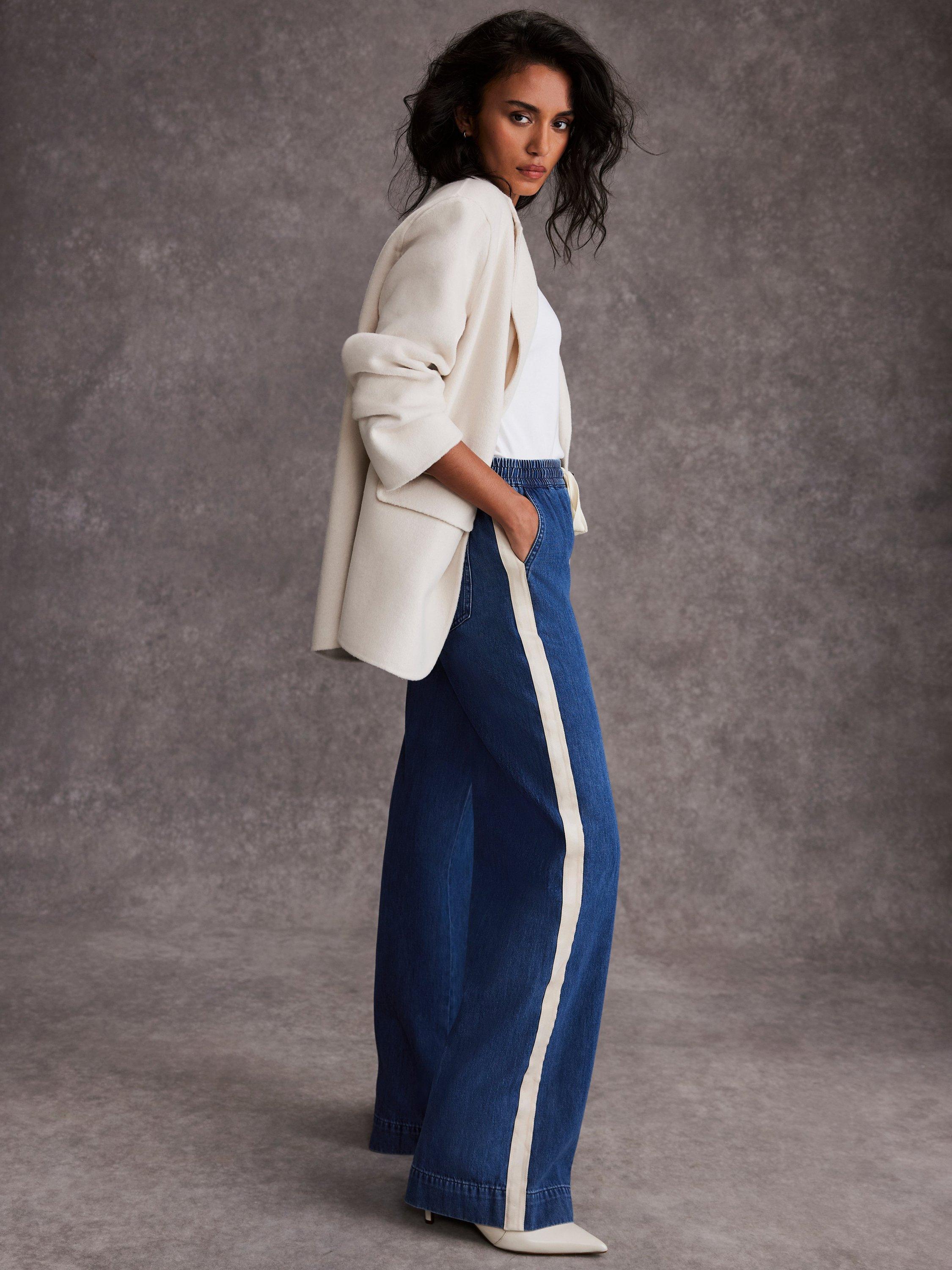 Product image 1 of 8, which shows Mint Velvet Tie Waist Side Stripe Wide Jeans, Indigo, 6R