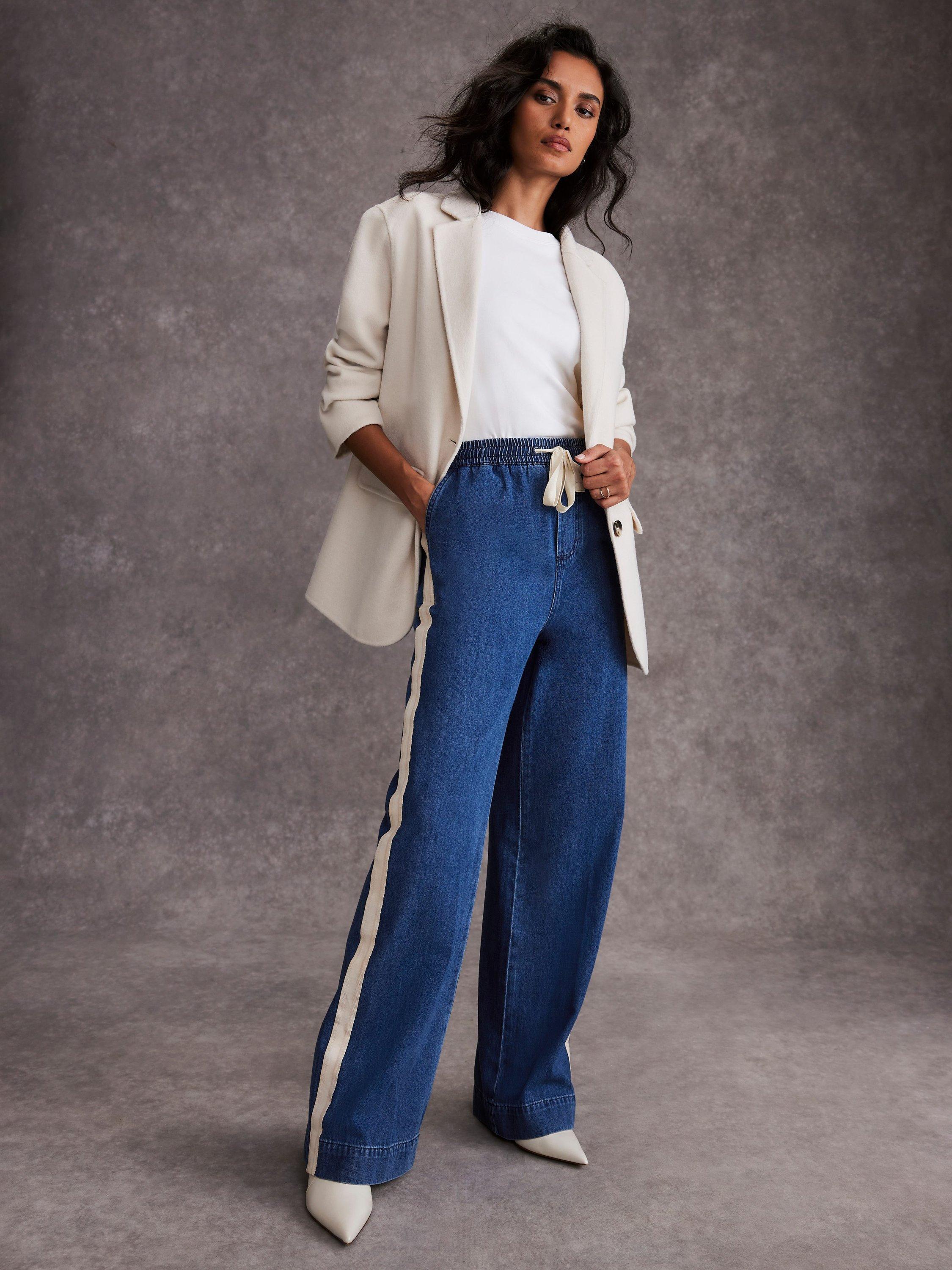 Product image 2 of 8, which shows Mint Velvet Tie Waist Side Stripe Wide Jeans, Indigo, 6R