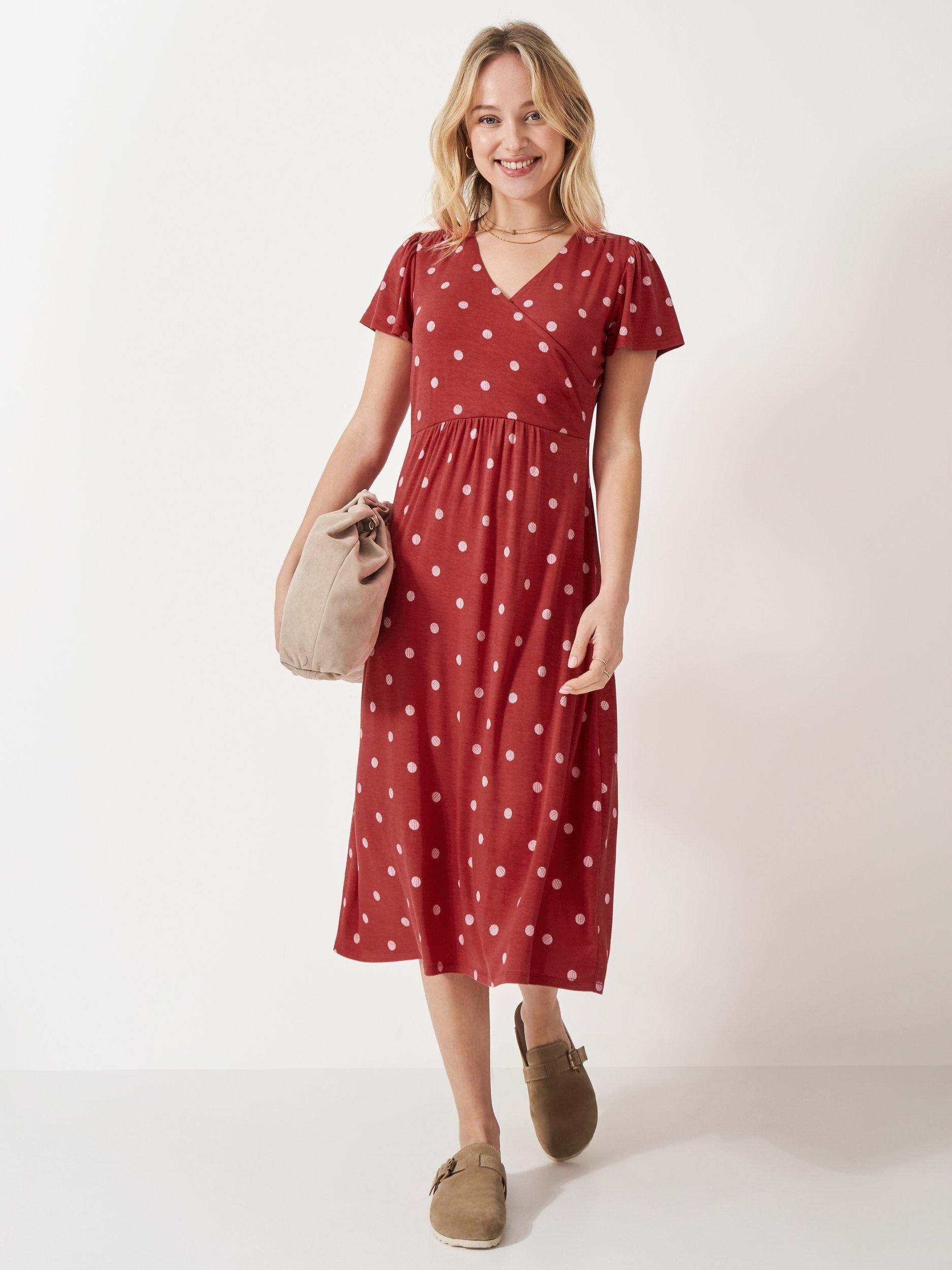 Product image 2 of 5, which shows Crew Clothing Edith Polka Dot Wrap Jersey Dress, Red, 6