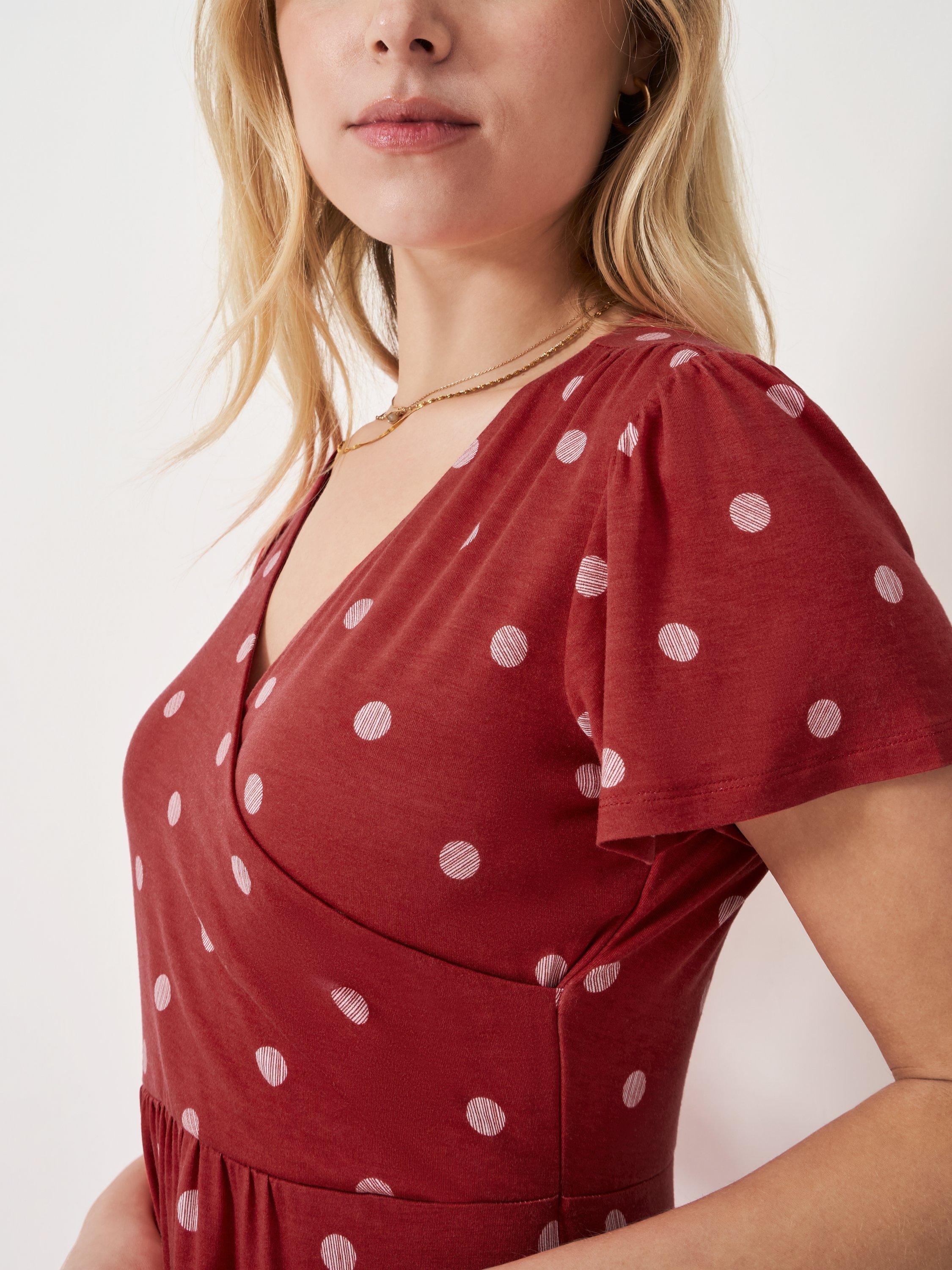 Product image 4 of 5, which shows Crew Clothing Edith Polka Dot Wrap Jersey Dress, Red, 6