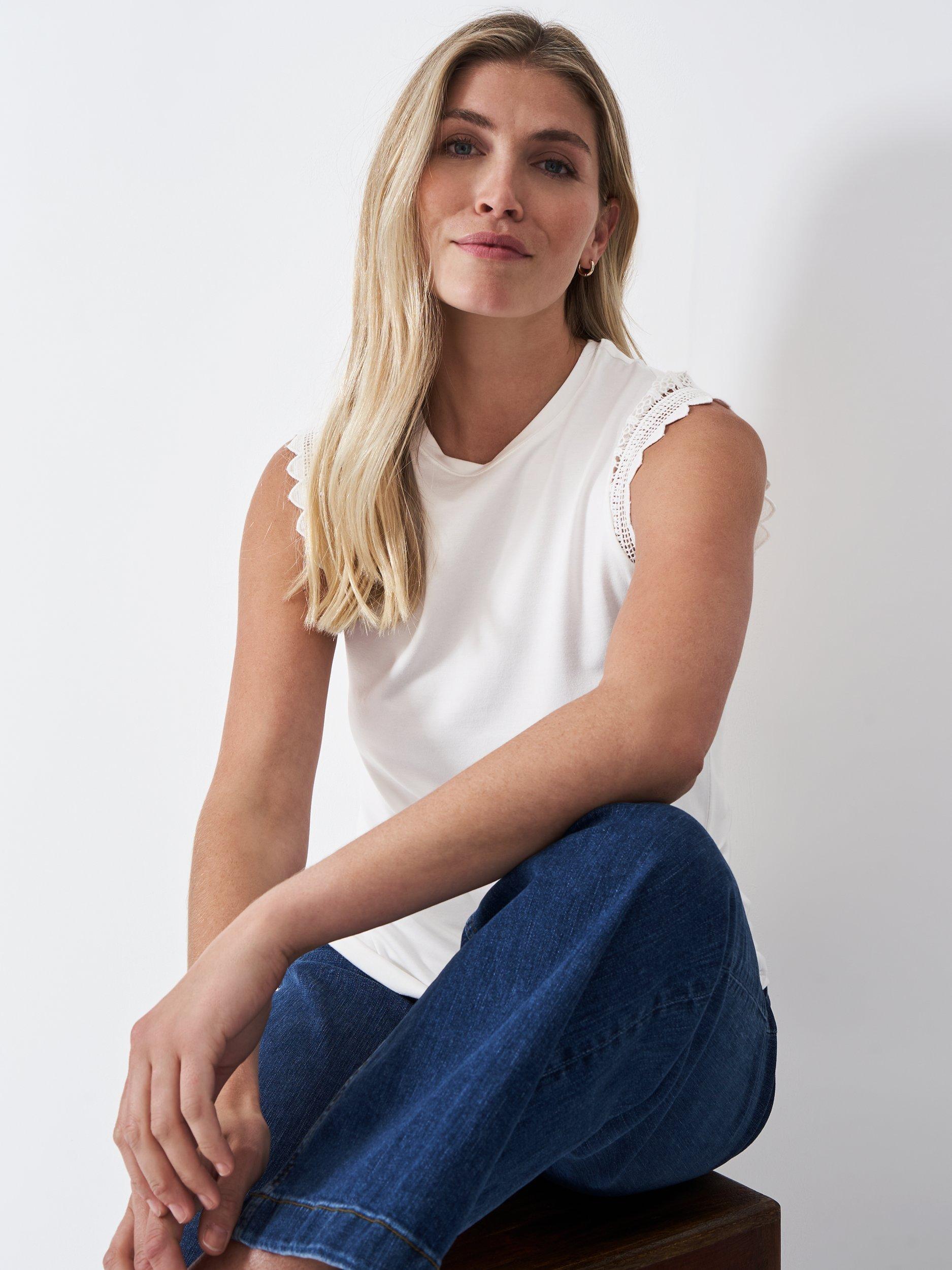 Product image 3 of 6, which shows Crew Clothing Cutwork Sleeve Top, White, 6