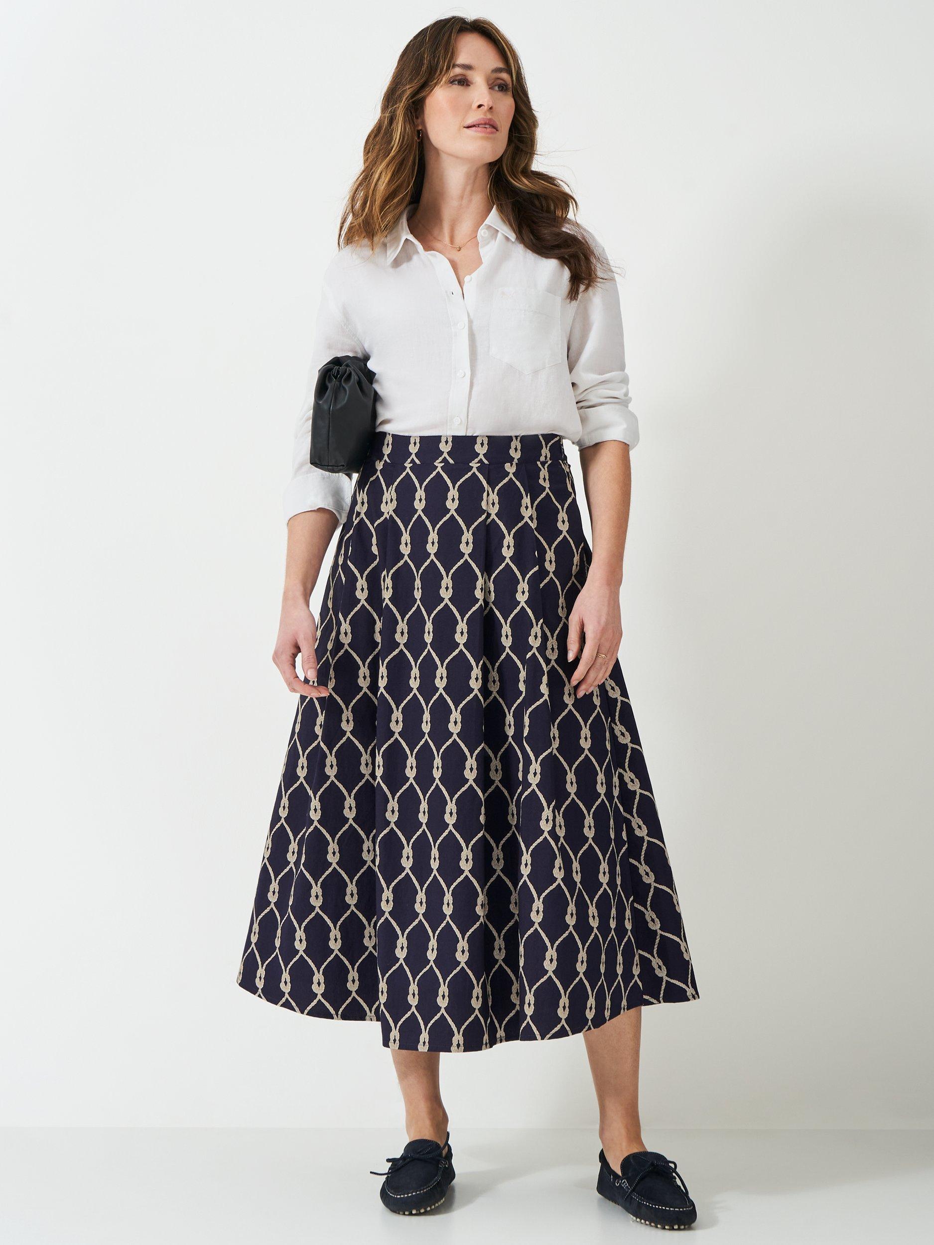 Product image 1 of 5, which shows Crew Clothing Gabby Rope Print Midi Skirt, Navy Blue/Multi, 6