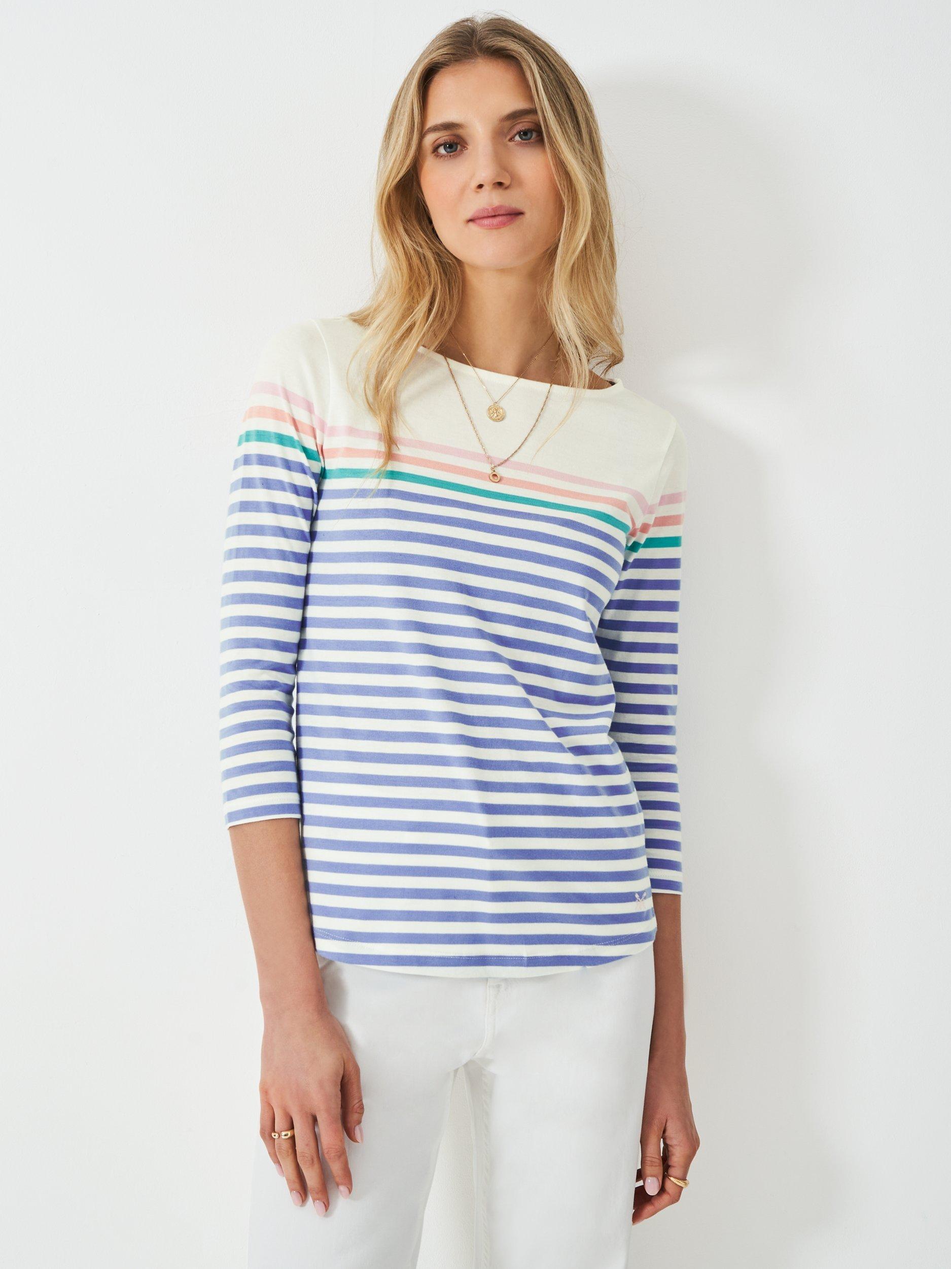 Product image 1 of 5, which shows Crew Clothing Essential Breton Stripe Top, White/Multi, 6