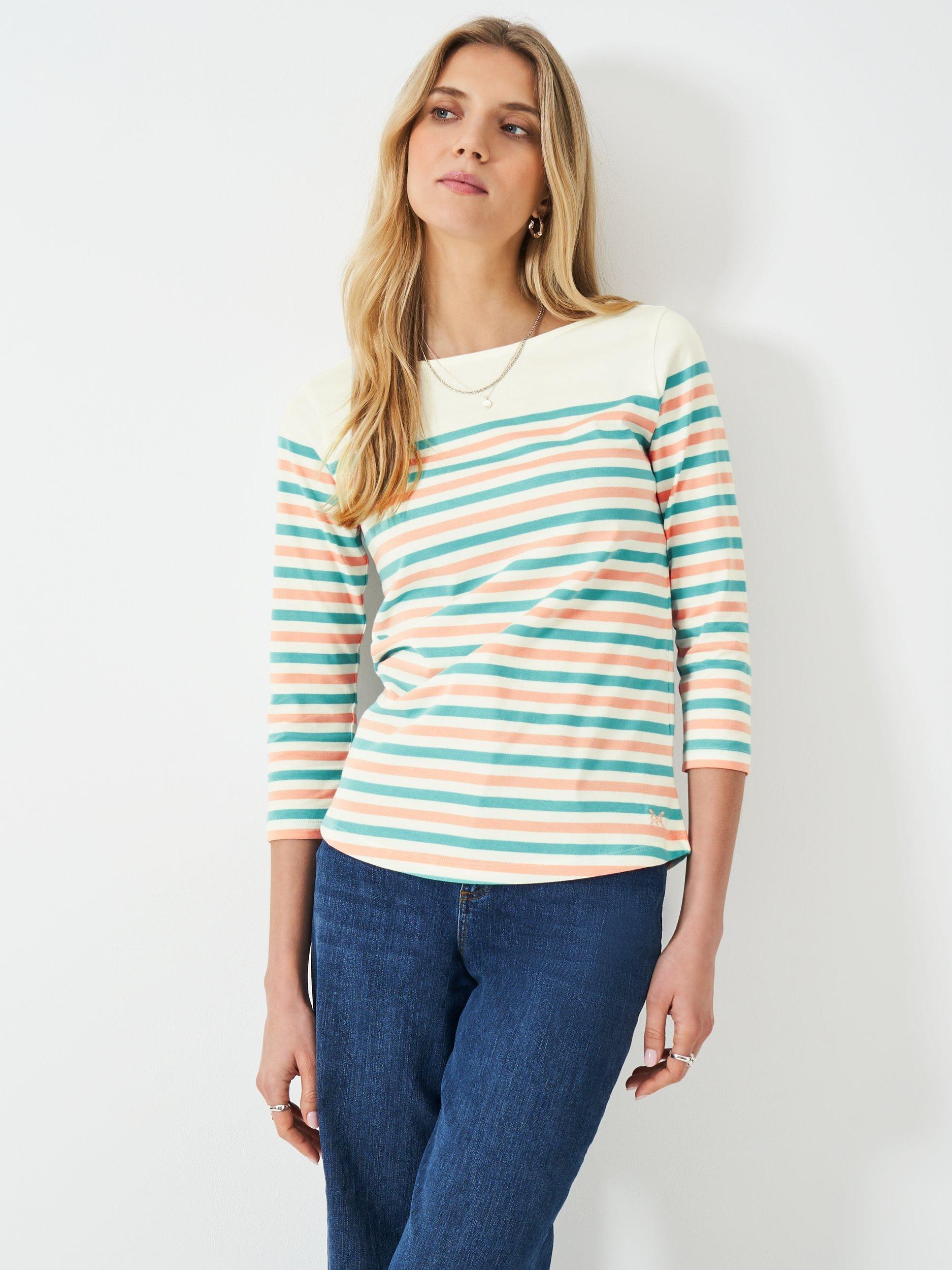 Product image 1 of 4, which shows Crew Clothing Essential Breton Stripe Top, White/Green, 6