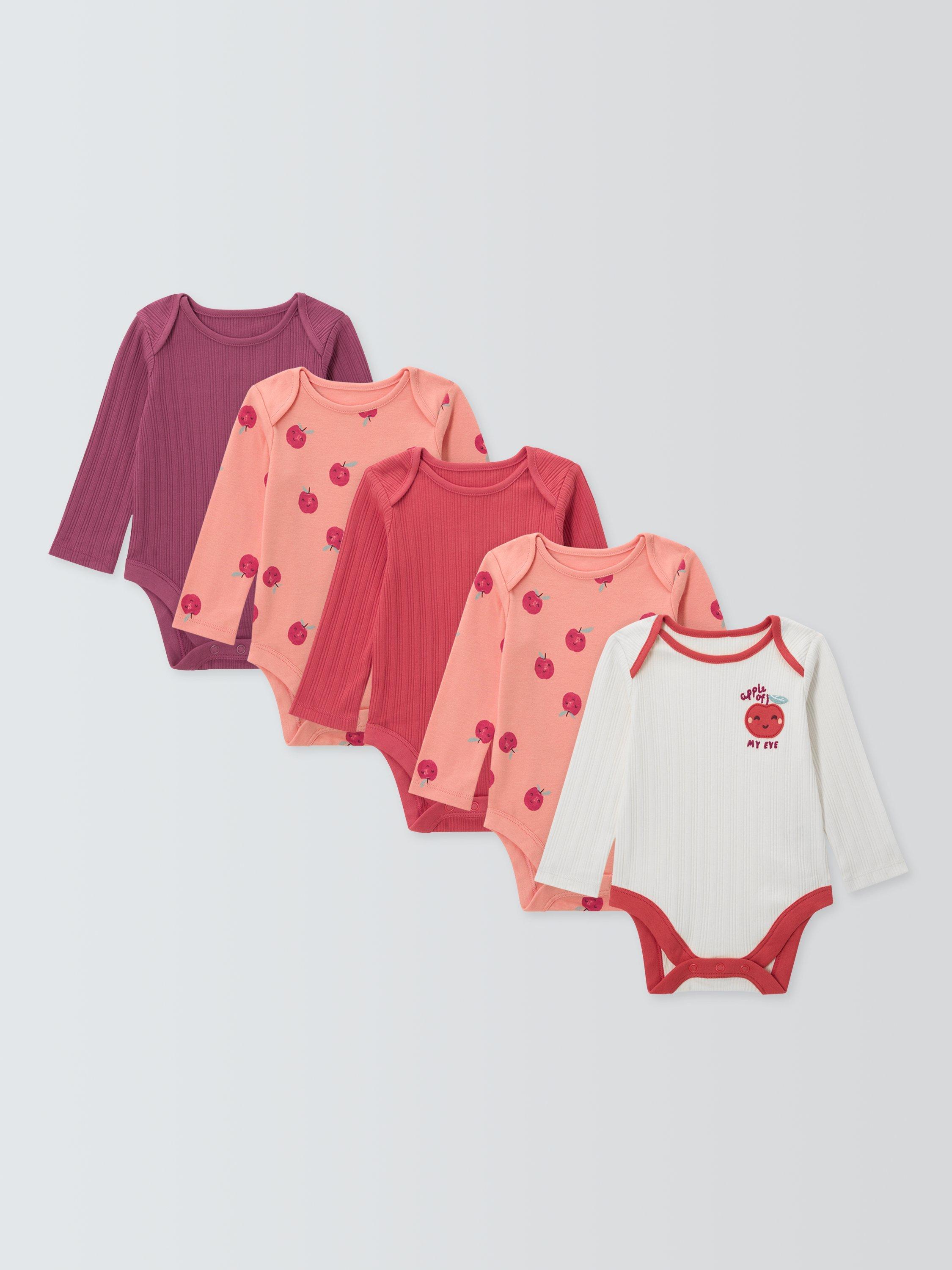 Product image 1 of 3, which shows John Lewis Baby Apples Long Sleeve Bodysuits, Pack of 5, Pink Multi, Newborn