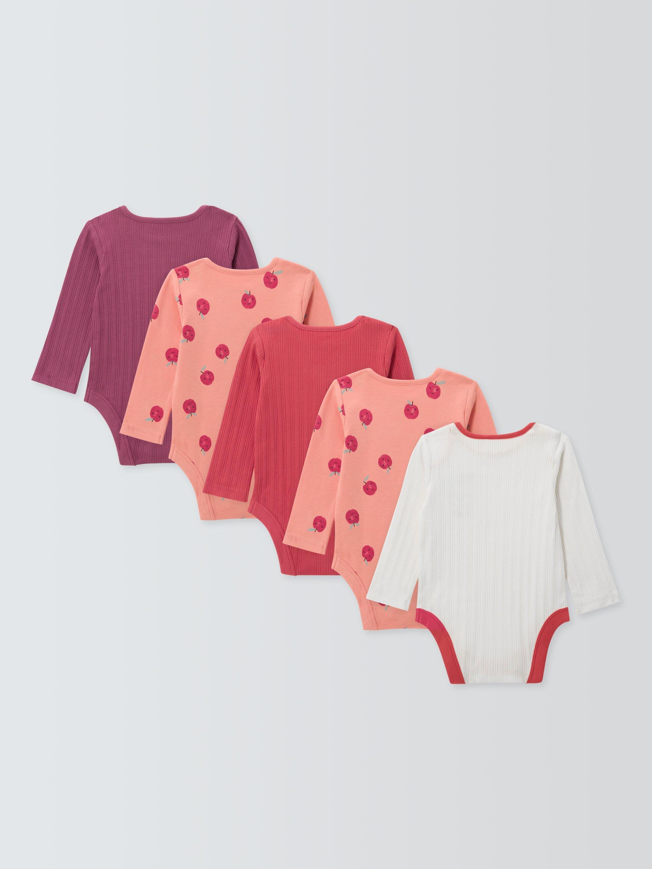 Product image 2 of 3, which shows John Lewis Baby Apples Long Sleeve Bodysuits, Pack of 5, Pink Multi, Newborn