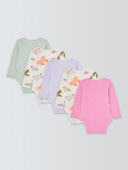 John Lewis Baby Pointelle Butterfly Long Sleeve Bodysuits, Pack of 5, Pink Multi - view 2, Pink Multi