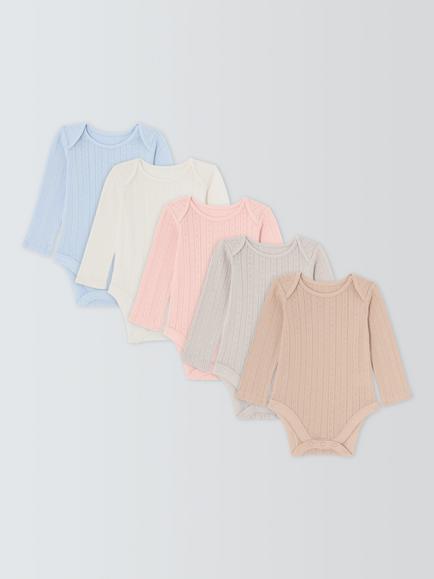 John Lewis Baby Pointelle Long Sleeve Bodysuit, Pack of 5, Pink Multi, Pink Multi