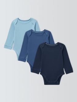 John Lewis Baby Ribbed Long Sleeve Bodysuits, Pack of 3, Blue Multi, Blue Multi