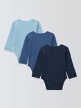 John Lewis Baby Ribbed Long Sleeve Bodysuits, Pack of 3, Blue Multi