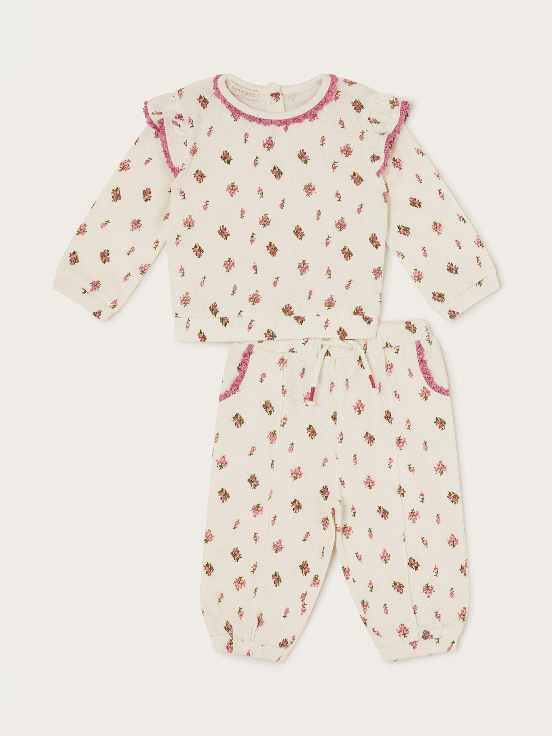Product image 1 of 3, which shows Monsoon Baby Floral Frill Sweatshirt & Joggers Set, Ivory, 3-6 months