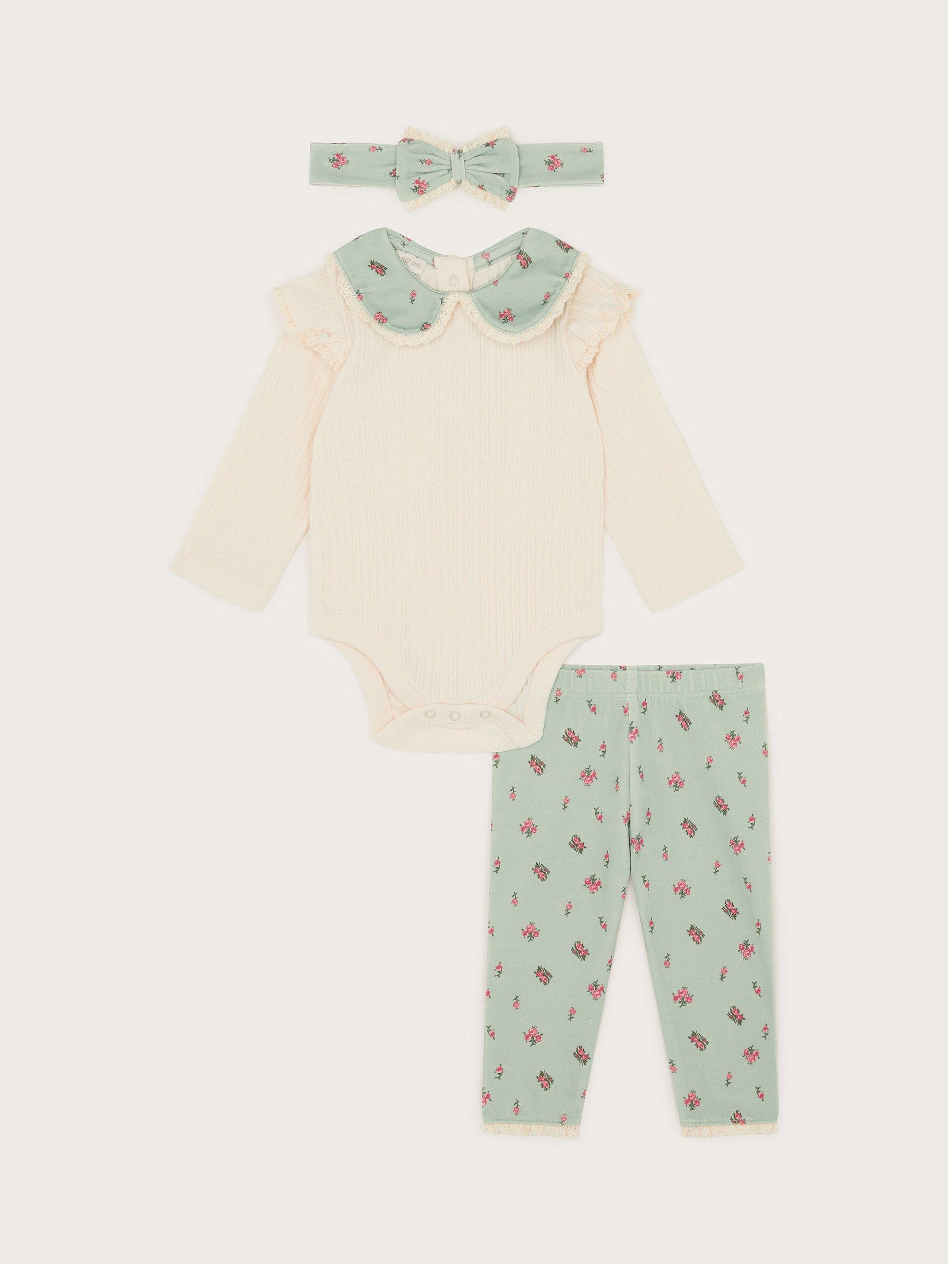 Monsoon Baby Floral Bodysuit, Leggings and Headband Set, Green/Cream