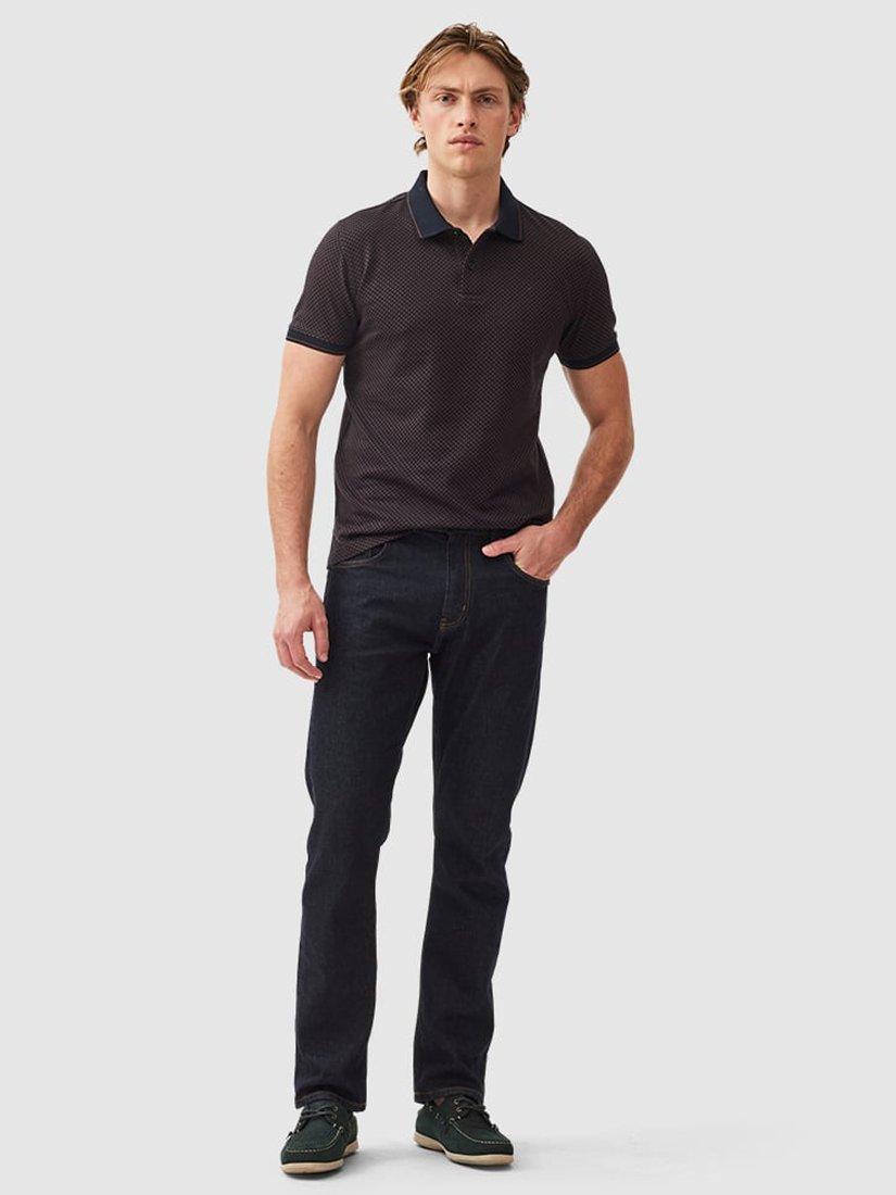 Product image 2 of 5, which shows Rodd & Gunn Lynden Geo Print Premium Cotton Slim Fit Short Sleeve Polo Shirt, Midnight, XS