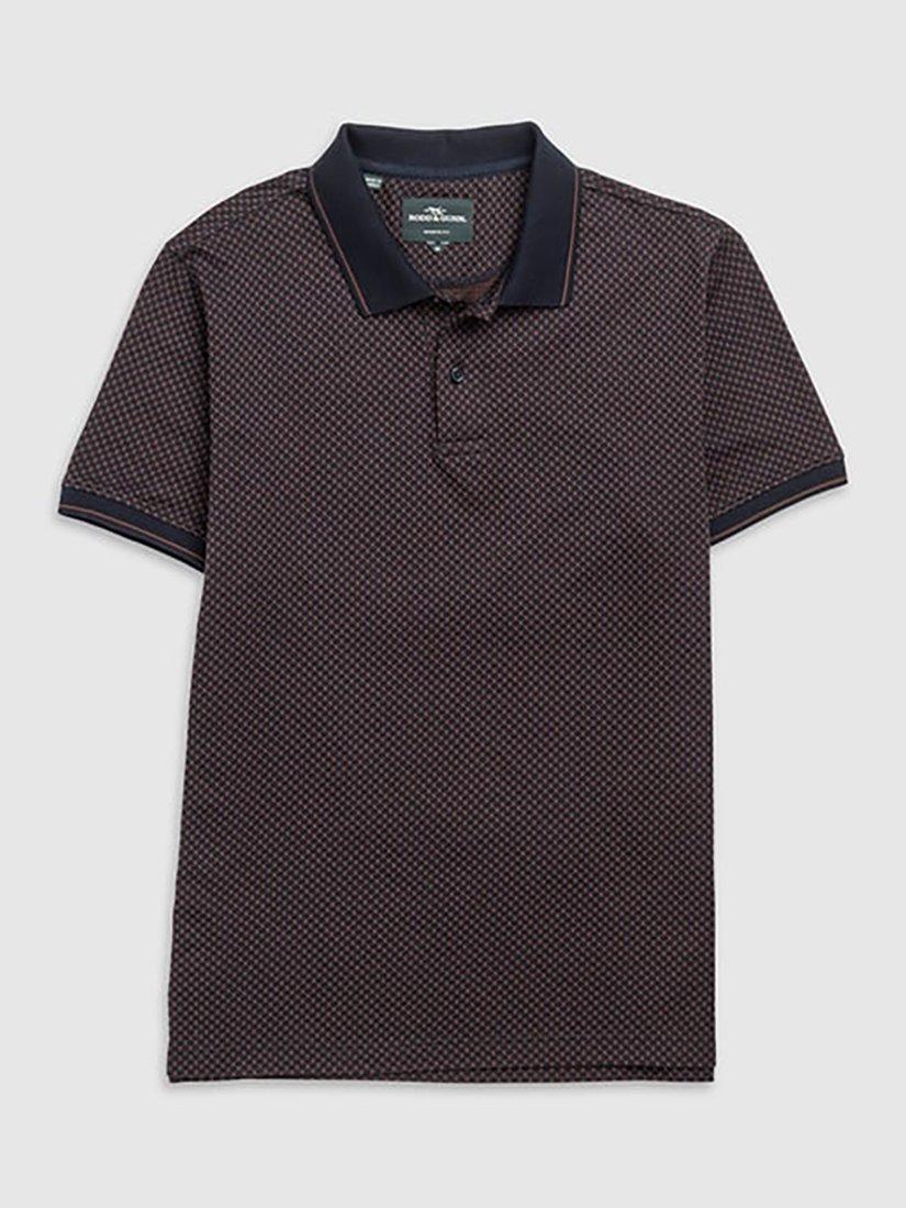 Product image 4 of 5, which shows Rodd & Gunn Lynden Geo Print Premium Cotton Slim Fit Short Sleeve Polo Shirt, Midnight, XS