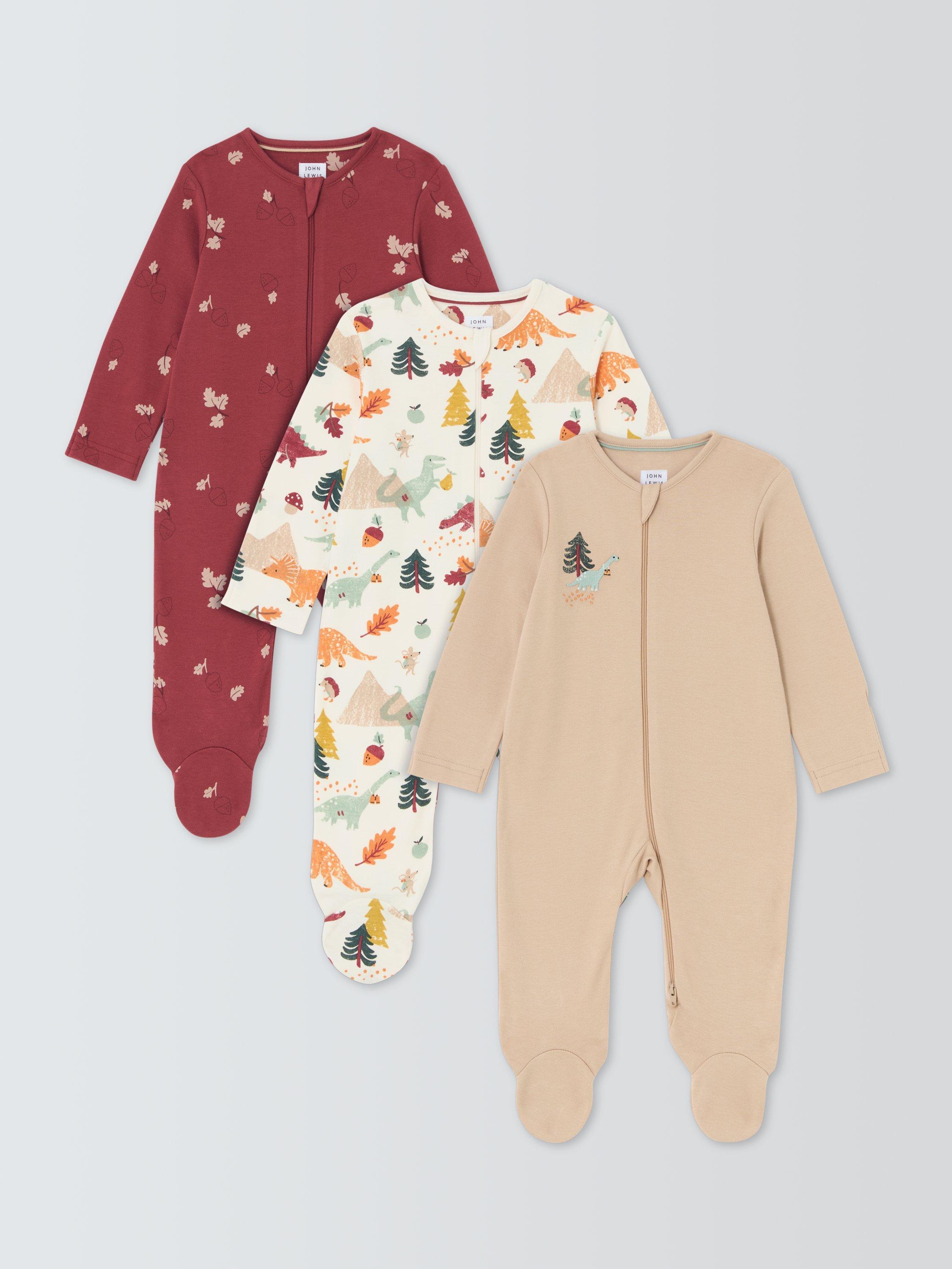 John Lewis Baby Dinosaur Print Sleepsuit, Pack of 3, Grey/Multi