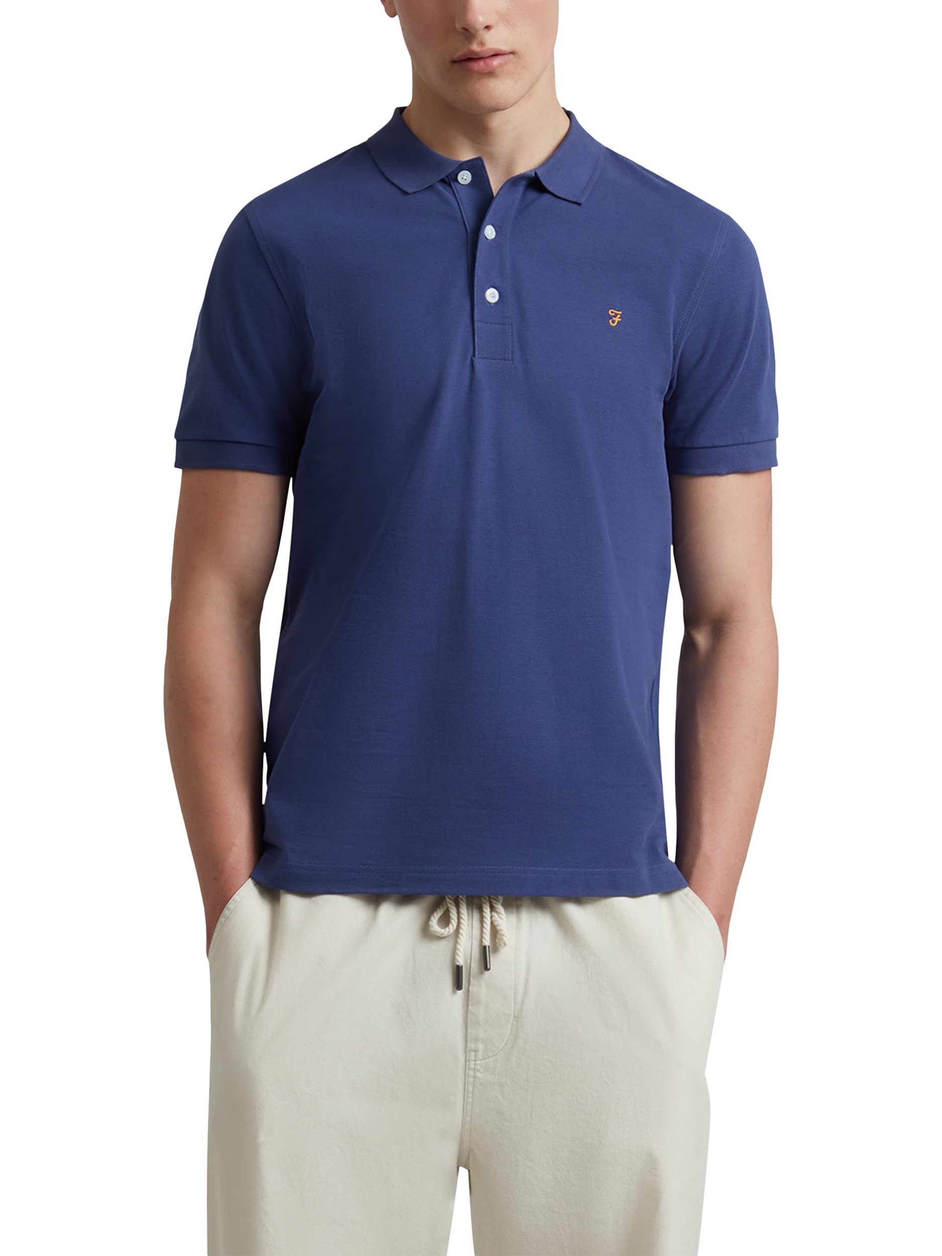 Product image 1 of 5, which shows Farah Organic Cotton Slim Fit Short Sleeve Blanes Polo Shirt, Sigil Blue, S