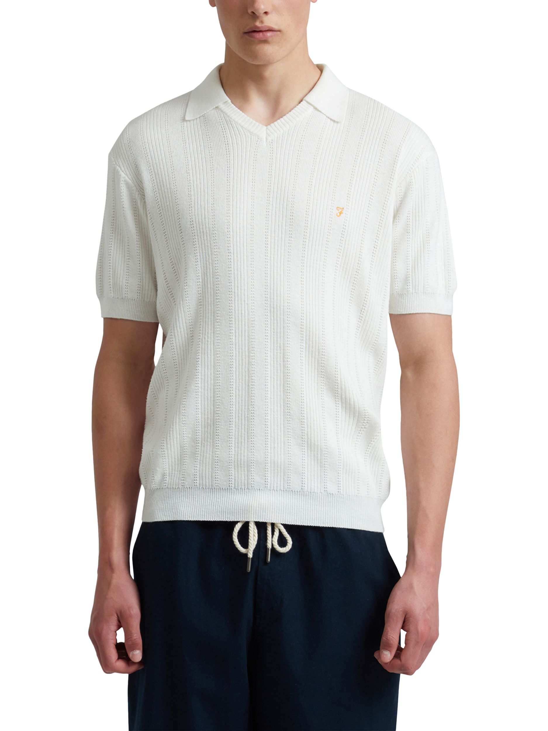 Product image 1 of 5, which shows Farah Woodford Cotton Blend Loose Fit Short Sleeve Polo Shirt, Ecru, S