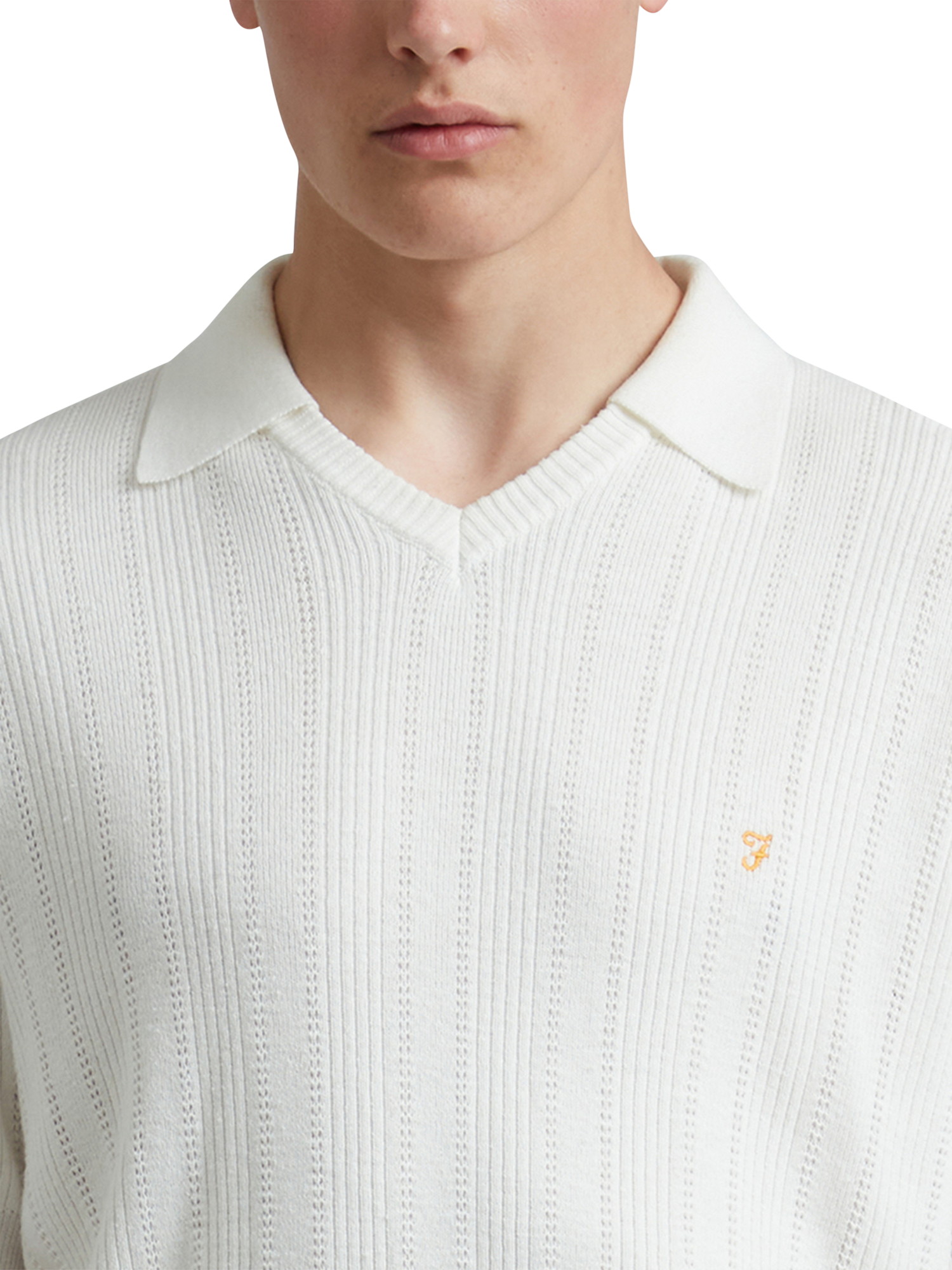 Product image 3 of 5, which shows Farah Woodford Cotton Blend Loose Fit Short Sleeve Polo Shirt, Ecru, S