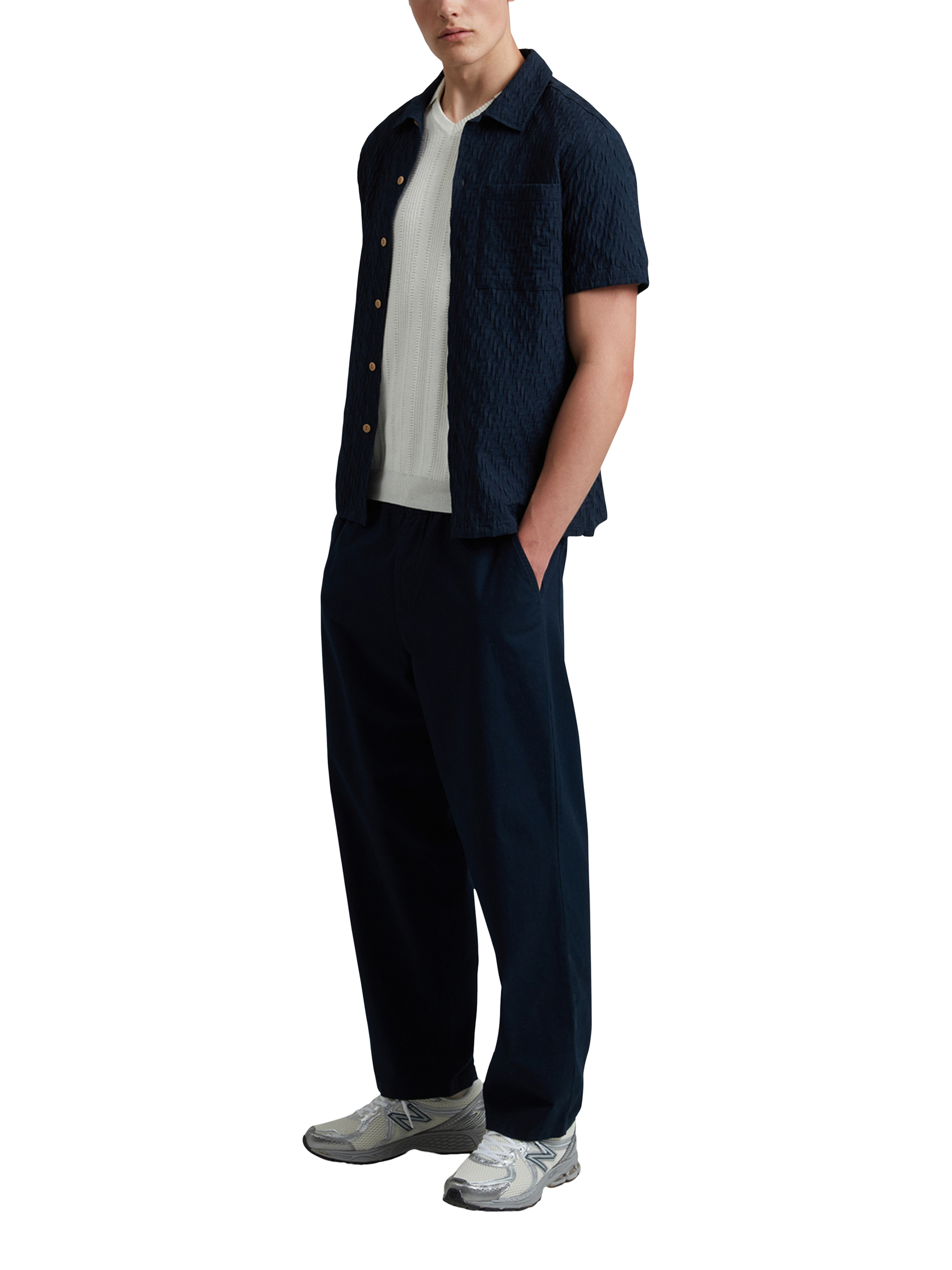 Product image 5 of 5, which shows Farah Woodford Cotton Blend Loose Fit Short Sleeve Polo Shirt, Ecru, S