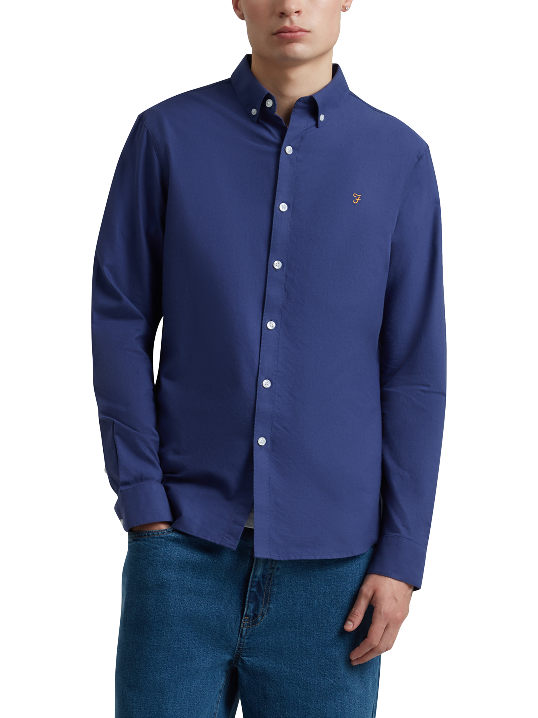 Product image 1 of 5, which shows Farah Brewer Organic Cotton Slim Fit Shirt, Sigil Blue, S