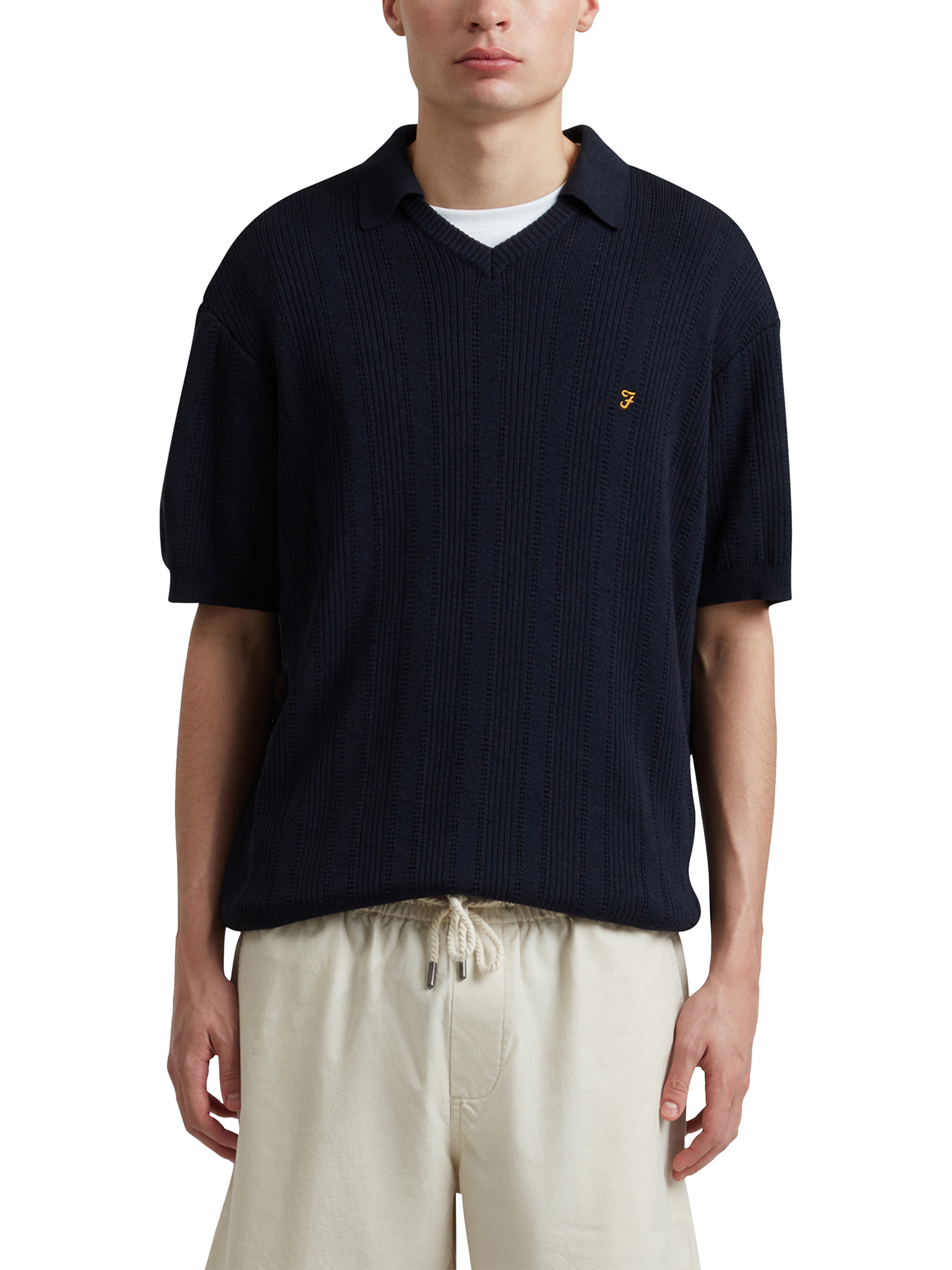 Product image 1 of 5, which shows Farah Woodford Cotton Blend Loose Fit Short Sleeve Polo Shirt, True Navy, S
