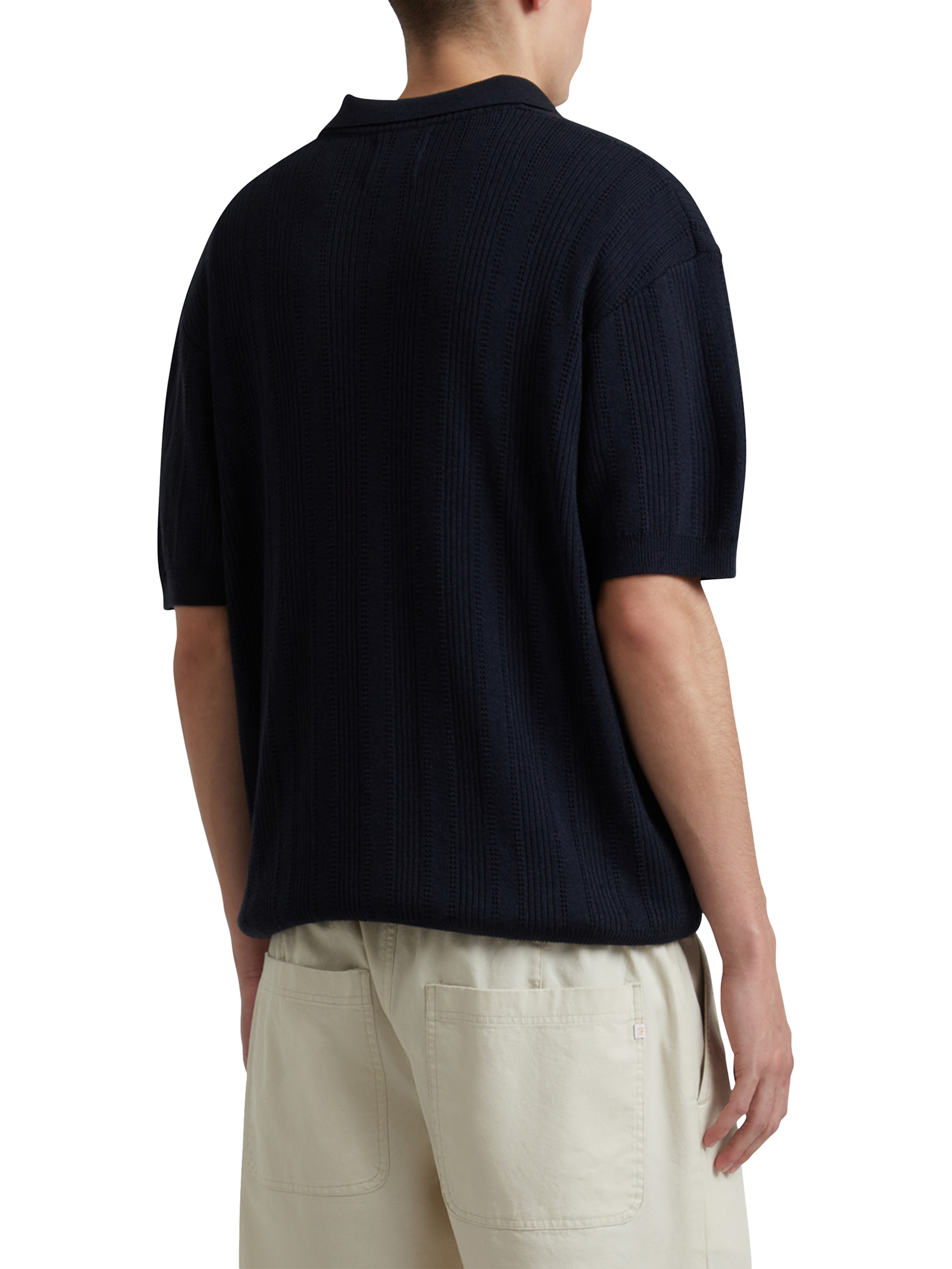 Product image 2 of 5, which shows Farah Woodford Cotton Blend Loose Fit Short Sleeve Polo Shirt, True Navy, S