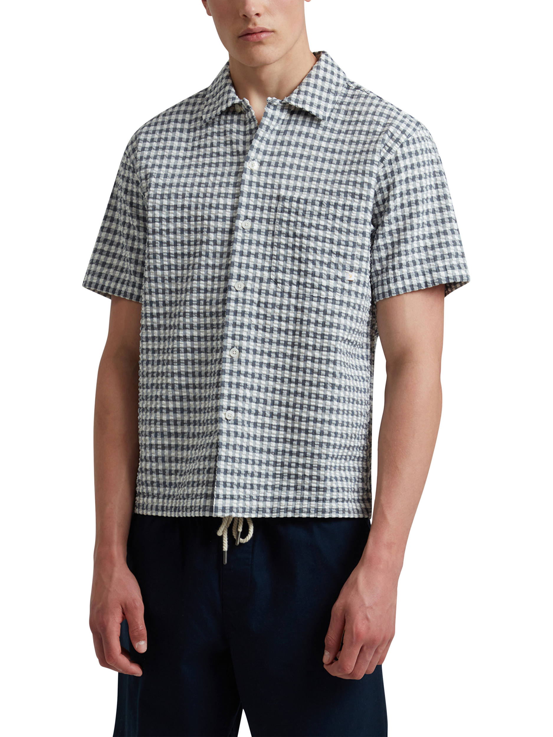Product image 1 of 5, which shows Farah Kegan Organic Cotton Loose Fit Check Shirt, True Navy, True Navy, S