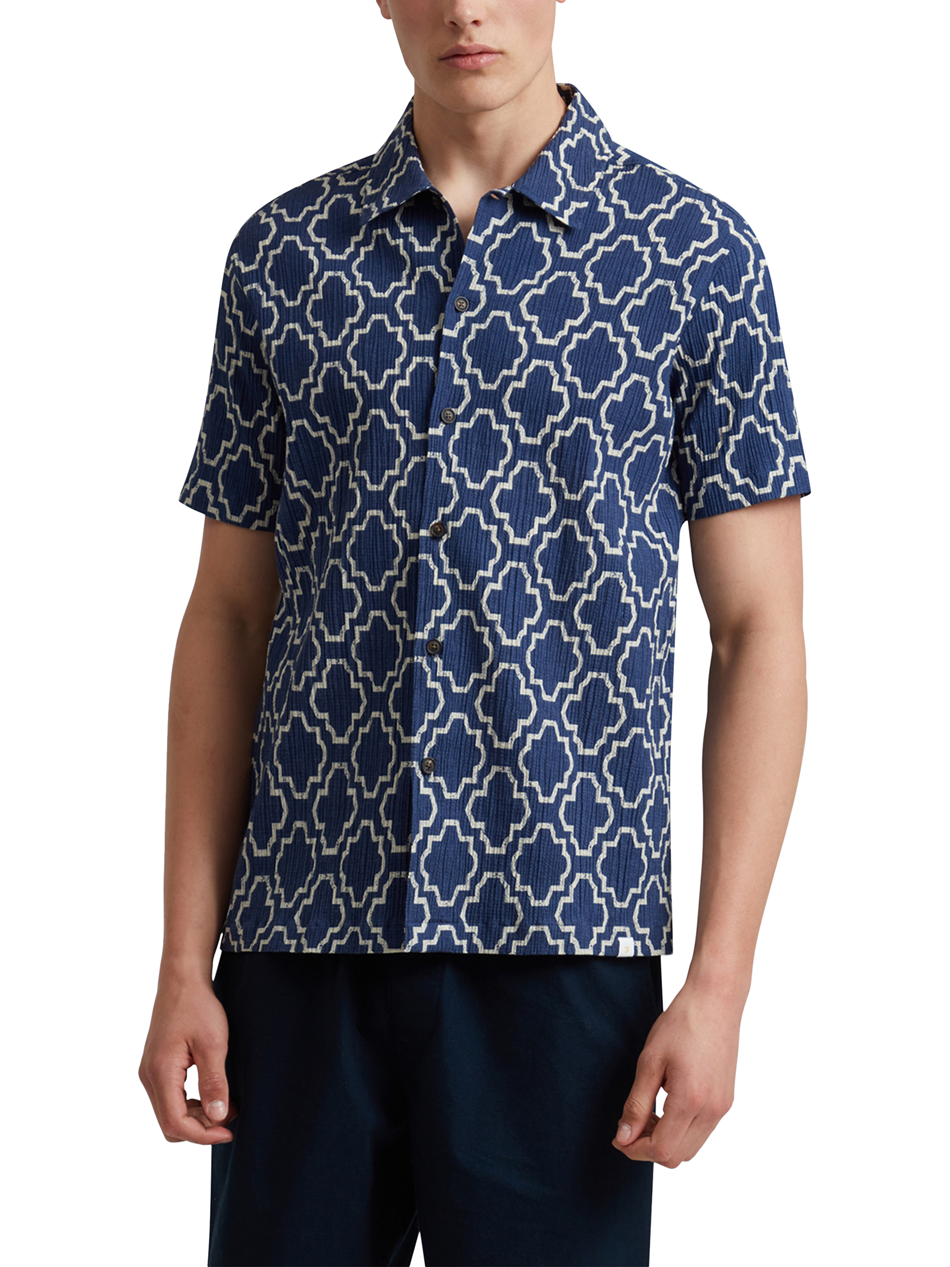 Product image 1 of 5, which shows Farah Astral Organic Cotton Regular Fit Tile Effect Shirt, Sigil Blue, S