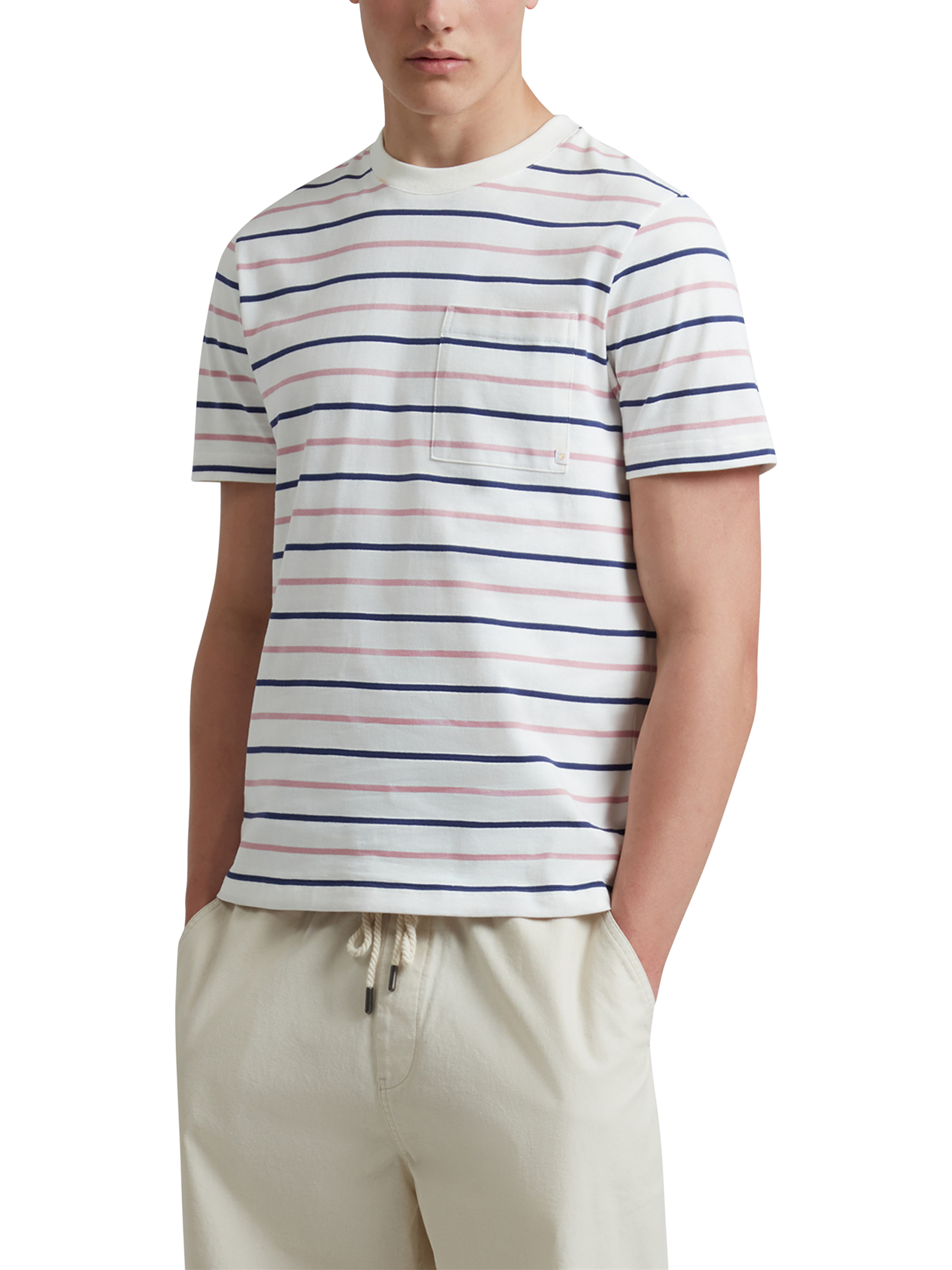 Product image 1 of 5, which shows Farah Stacy Organic Cotton Regular Fit Short Sleeve Stripe T-Shirt, Ecru, S