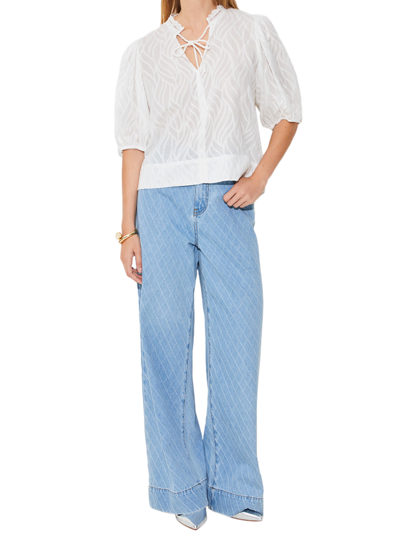 Product image 1 of 4, which shows SUNCOO Luxy Organic Cotton Tie Neck Blouse, White, XS