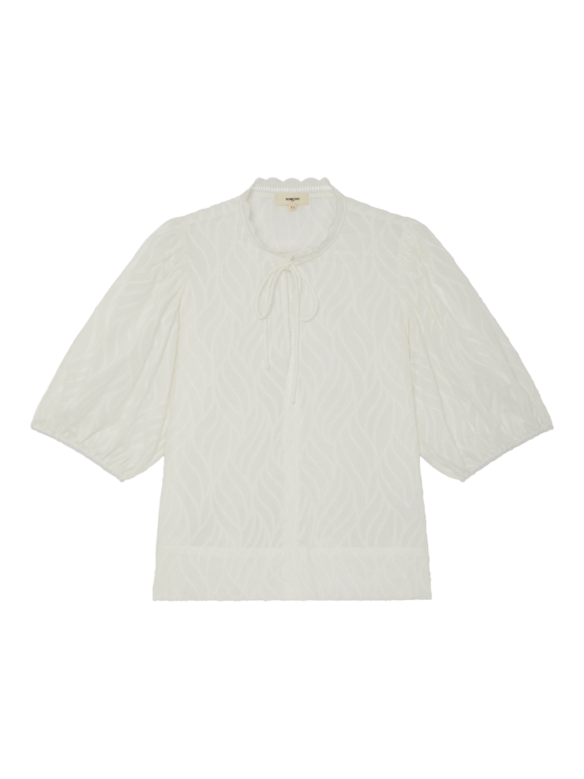 Product image 4 of 4, which shows SUNCOO Luxy Organic Cotton Tie Neck Blouse, White, XS