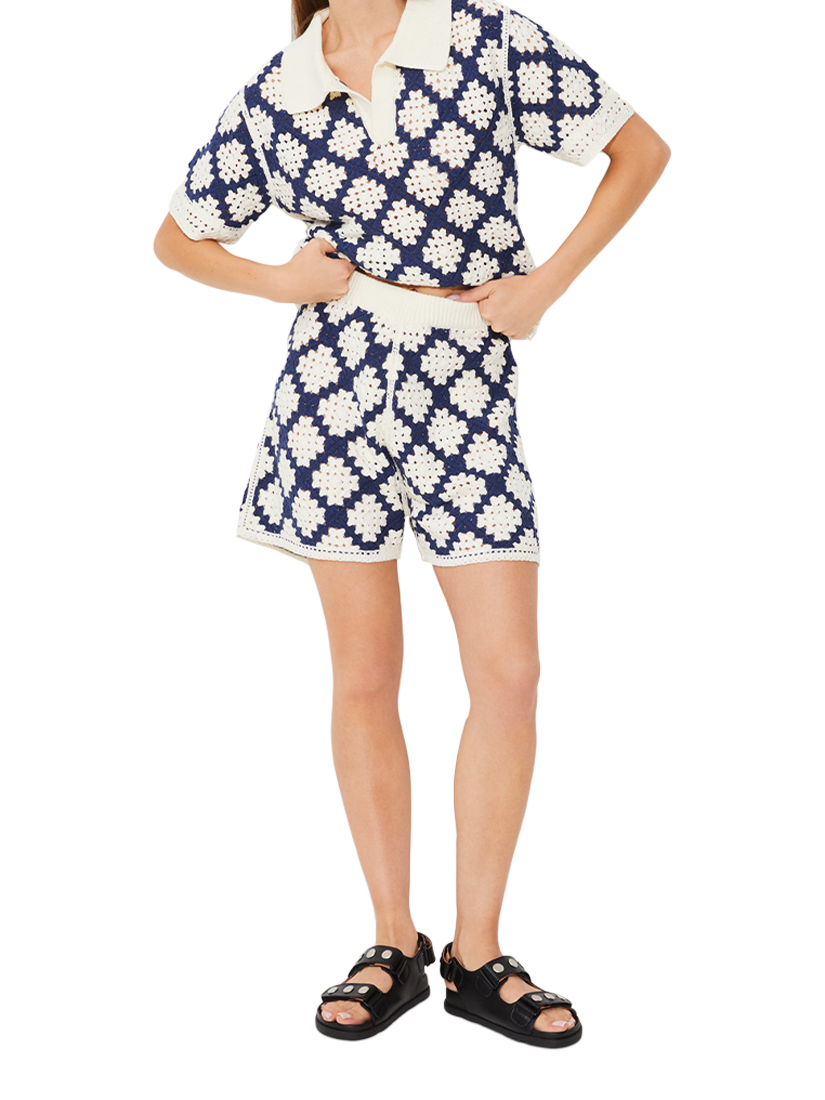 Product image 1 of 3, which shows SUNCOO Byzance Geometric Crochet Shorts, Navy/White, XS