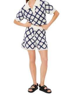 SUNCOO Byzance Geometric Crochet Shorts, Navy/White, Navy/White