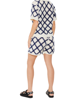 SUNCOO Byzance Geometric Crochet Shorts, Navy/White - view 2, Navy/White