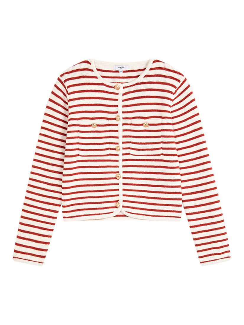 Product image 1 of 1, which shows SUNCOO Gabriel Striped Cotton Knit Cardigan, White/Red, XS