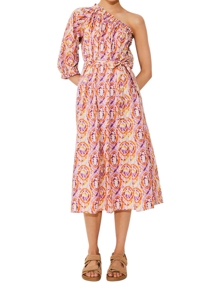 SUNCOO Cool Abstract Print Asymmetric Belted Midi Dress, Multi, Multi