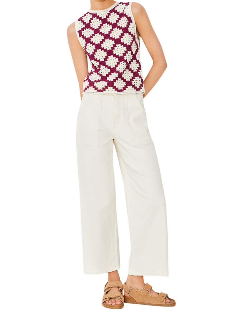 Product image 1 of 3, which shows SUNCOO Perida Sleeveless Crochet Knit, Purple/White, XS