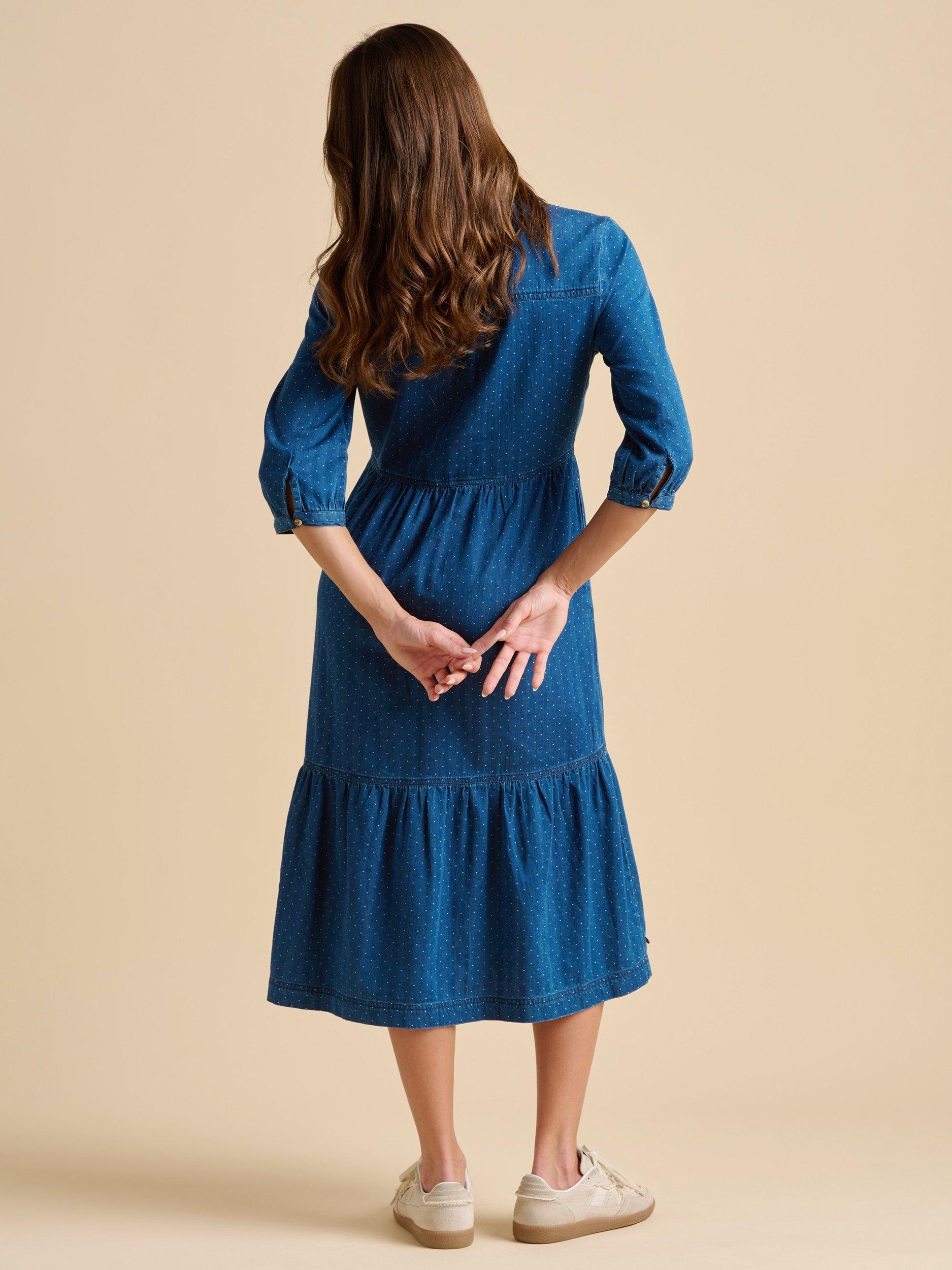 Product image 2 of 5, which shows Brakeburn Jetty Polka Dot Denim Midi Dress, Navy, 8