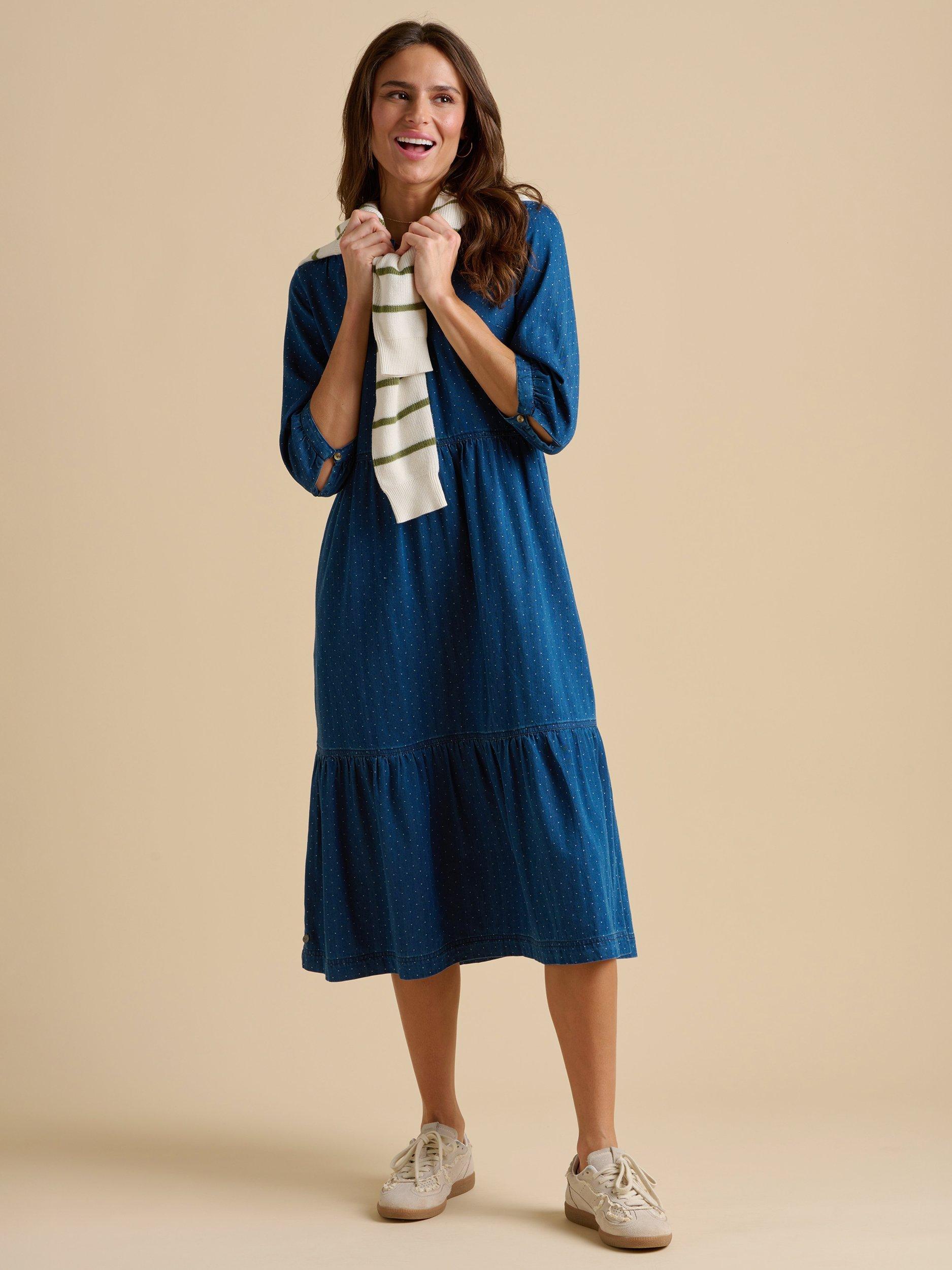 Product image 3 of 5, which shows Brakeburn Jetty Polka Dot Denim Midi Dress, Navy, 8