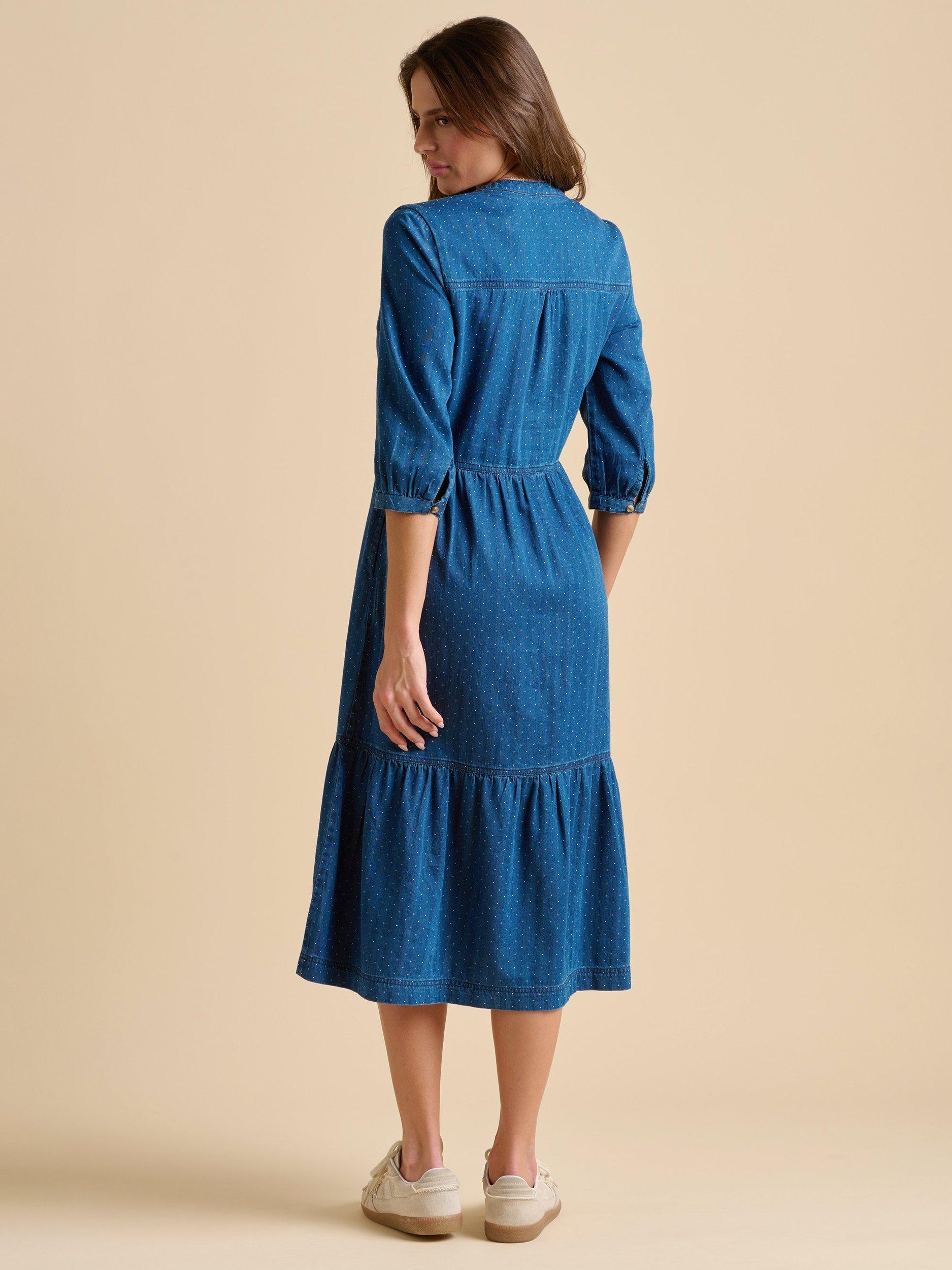 Product image 4 of 5, which shows Brakeburn Jetty Polka Dot Denim Midi Dress, Navy, 8