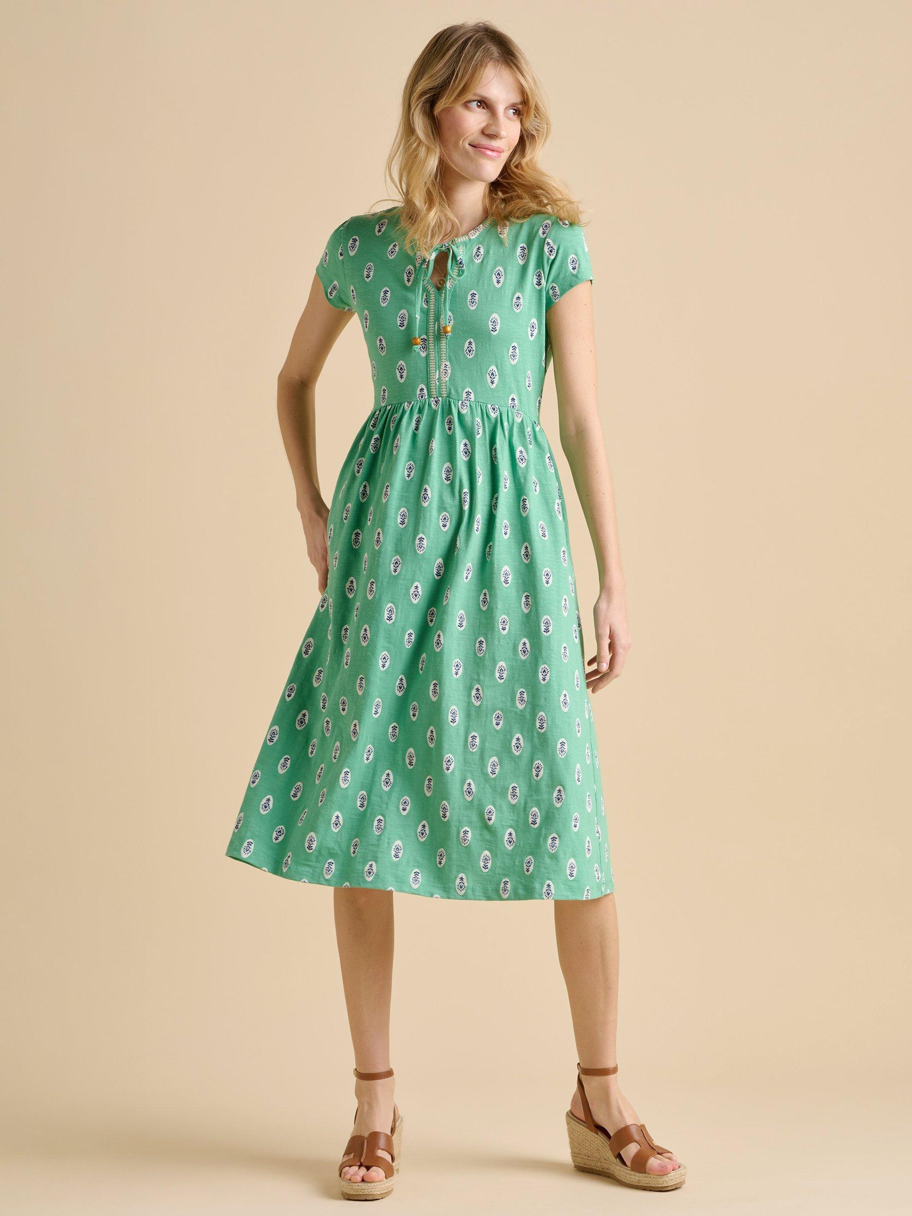 Product image 4 of 6, which shows Brakeburn Woodblock Floral Dress, Green, 8